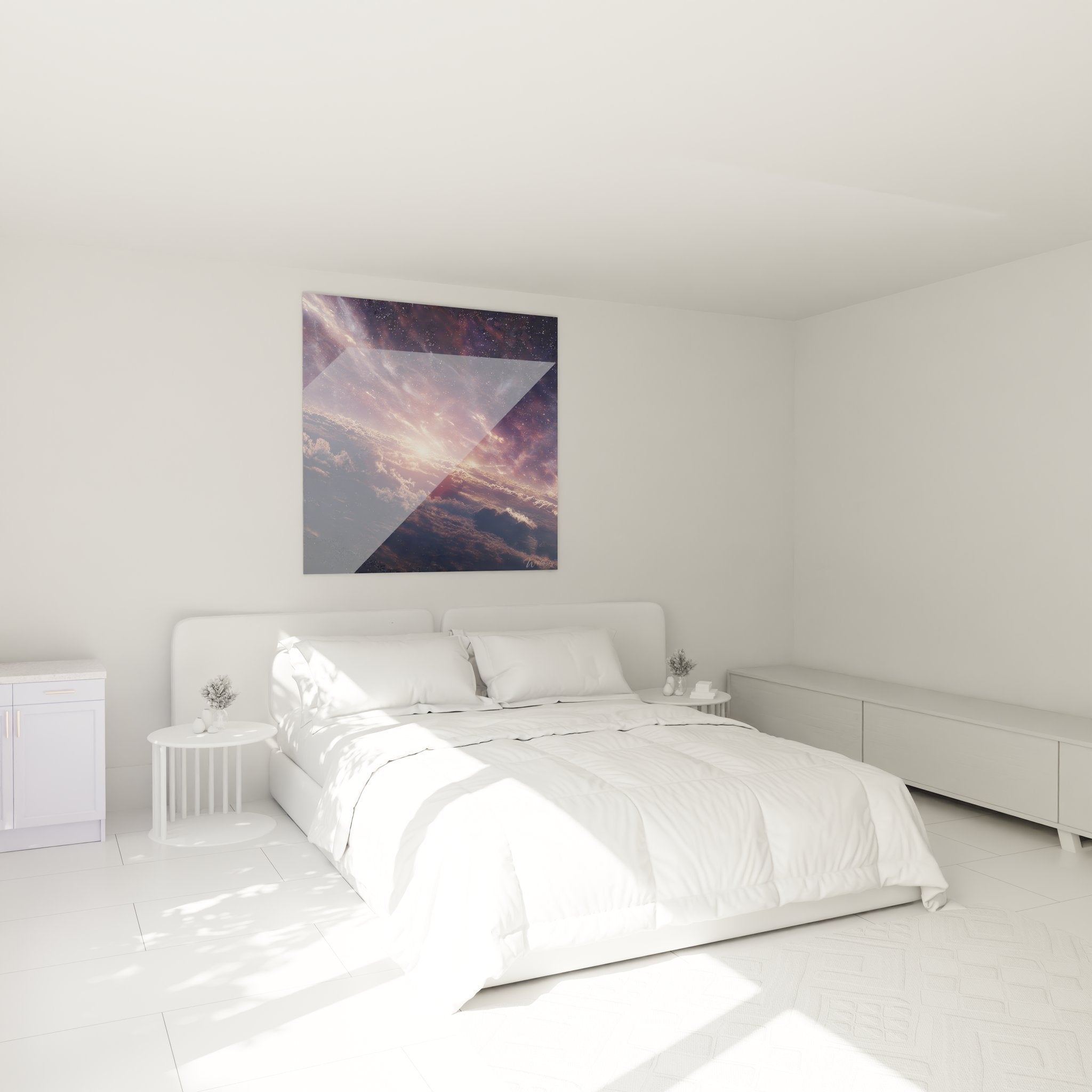 Ambiance chambre avec tableau décoratif nuages cosmiques dorés créant atmosphère relaxante et mystérieuse