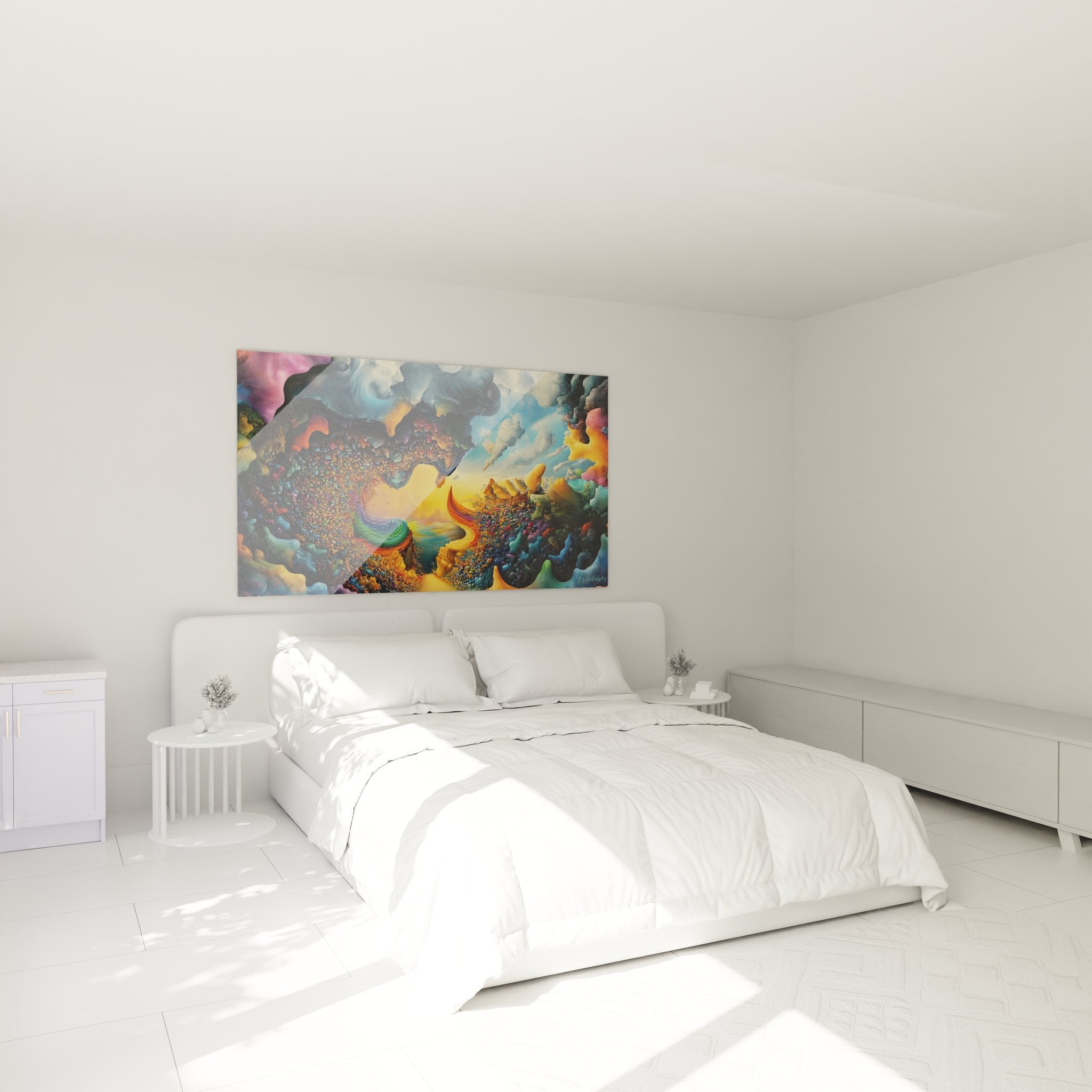 Ambiance chambre avec tableau paysage cosmique surréaliste aux couleurs vibrantes - décoration murale