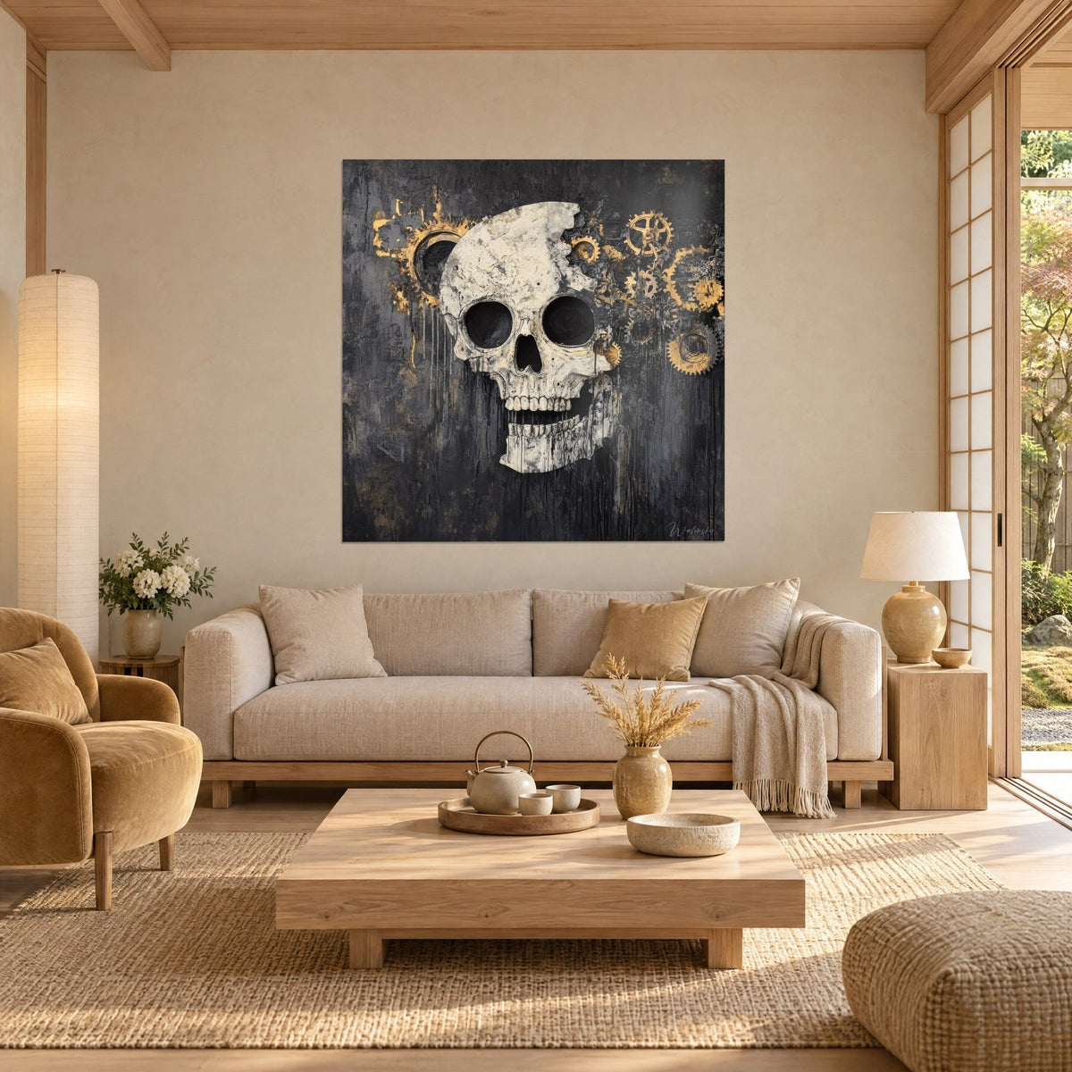 Cuadro de calavera de marfil agrietada con engranajes dorados sobre fondo negro carbón, encima de un sofá en un salón luminoso