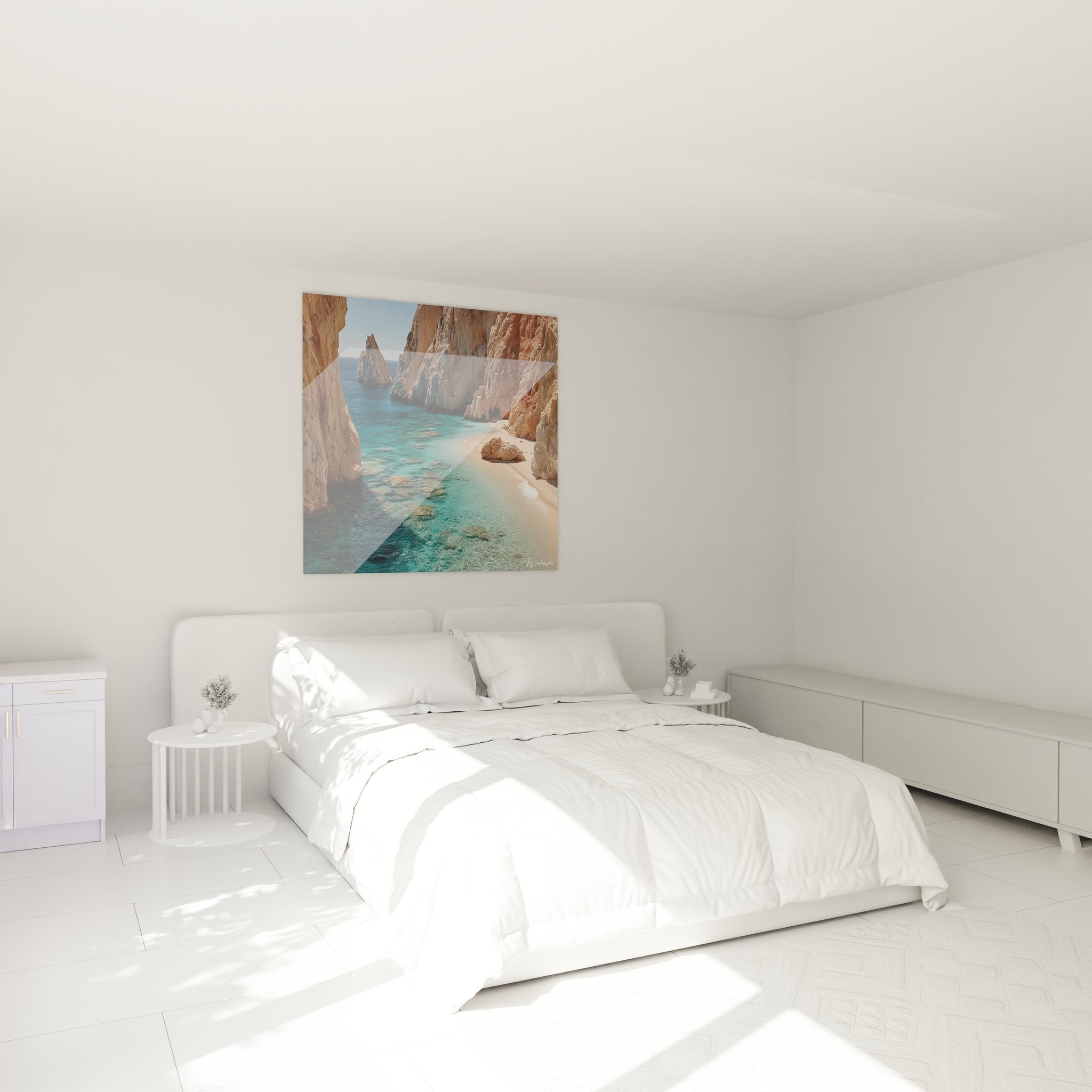 Ambiance chambre tableau crique méditerranéenne falaises blanches décoration murale marine style côtier