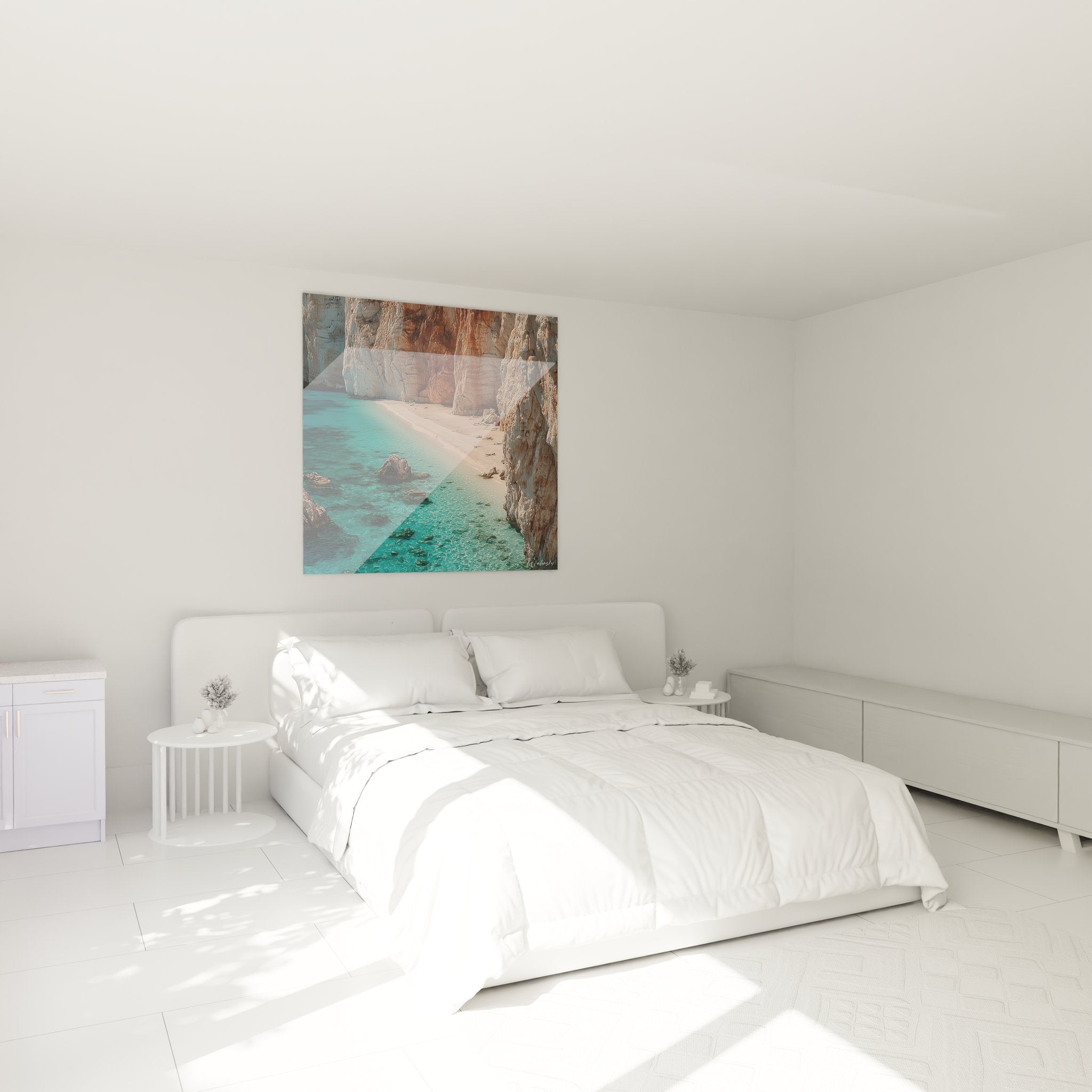 Ambiance chambre tableau crique paradisiaque décoration murale plage eaux cristallines turquoise