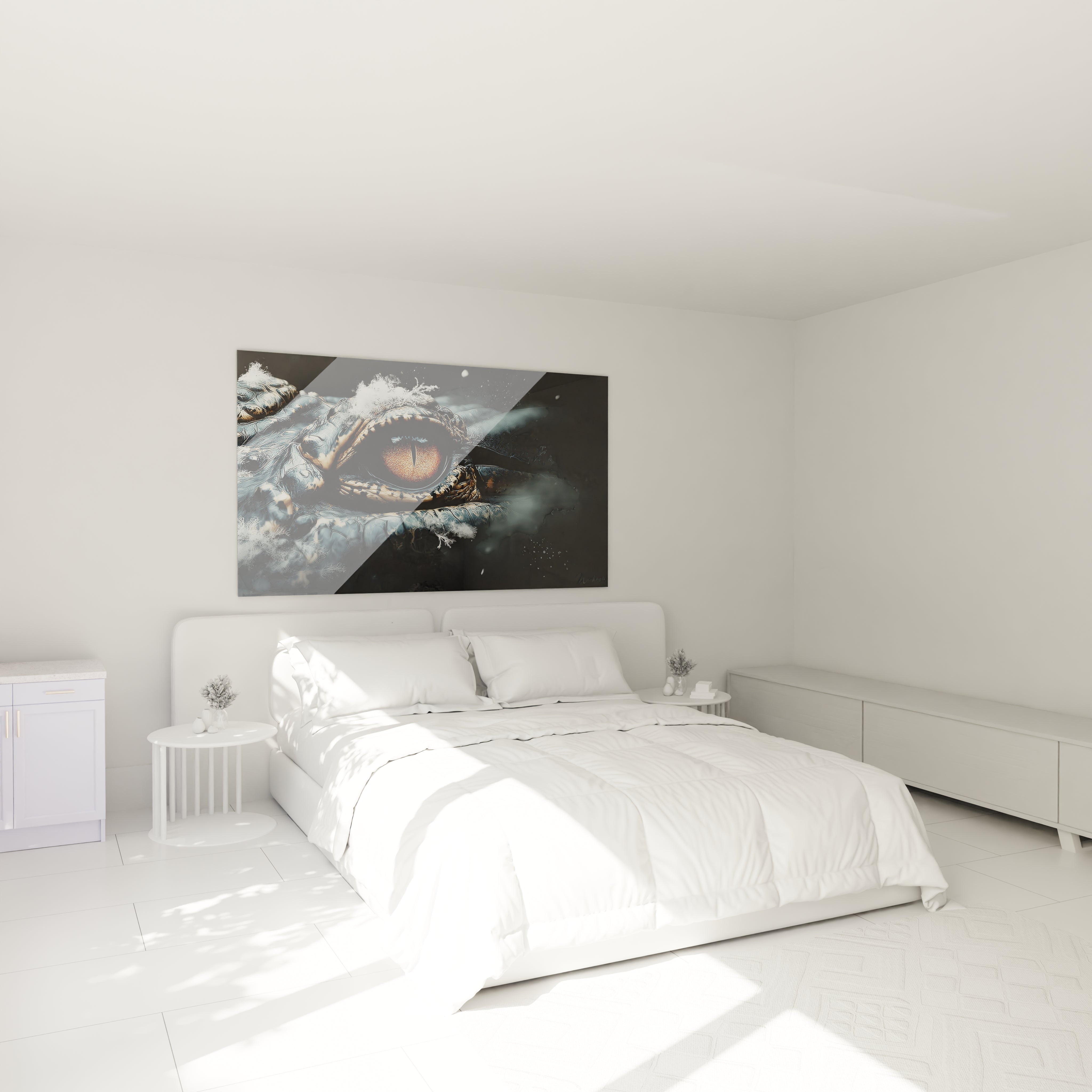 Ambiance chambre avec tableau œil crocodile hypnotique orange sur mur - Décoration reptile moderne