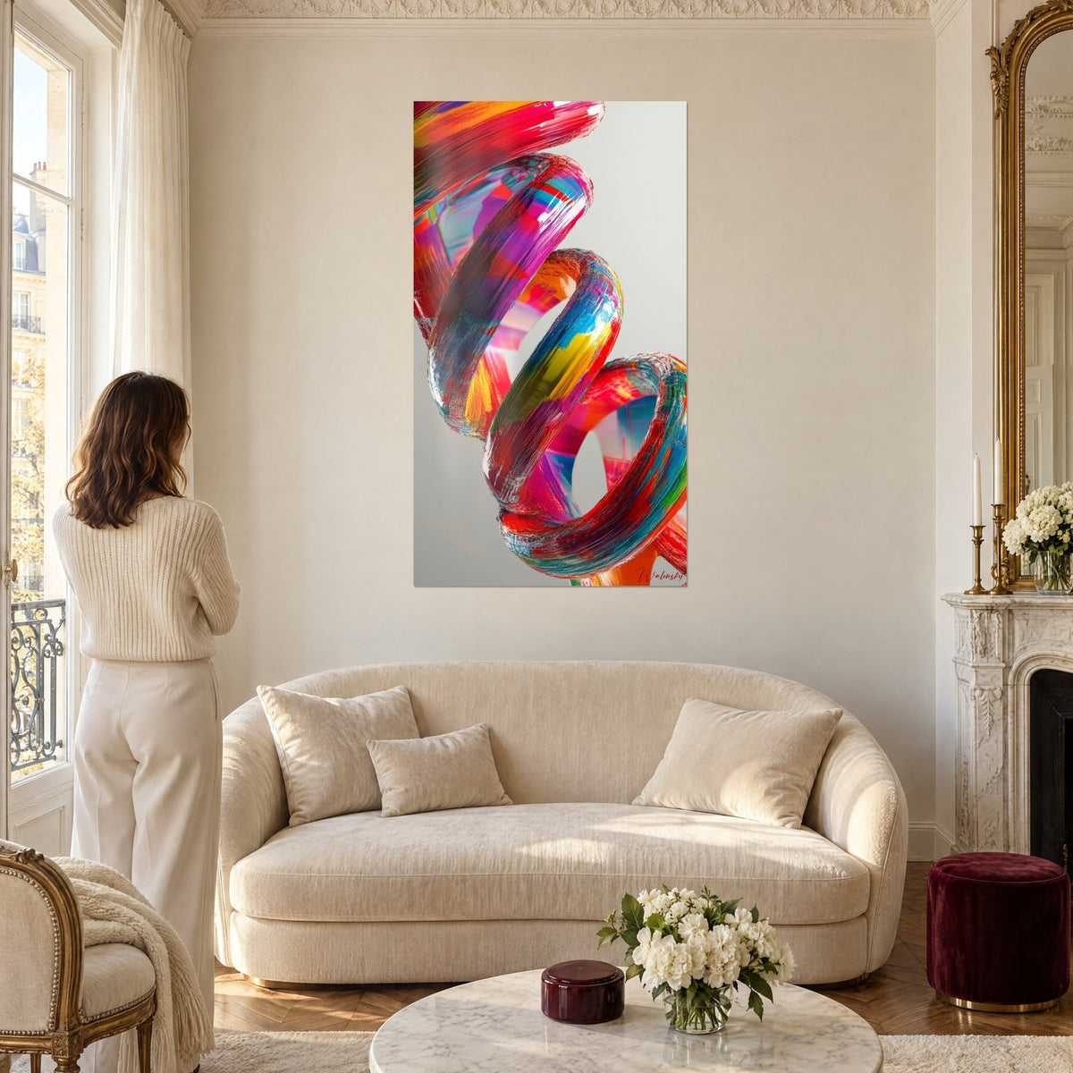 Tableau hélix ADN en rubans rouge carmin et bleu turquoise, femme de dos, au-dessus d'un canapé dans un salon lumineux