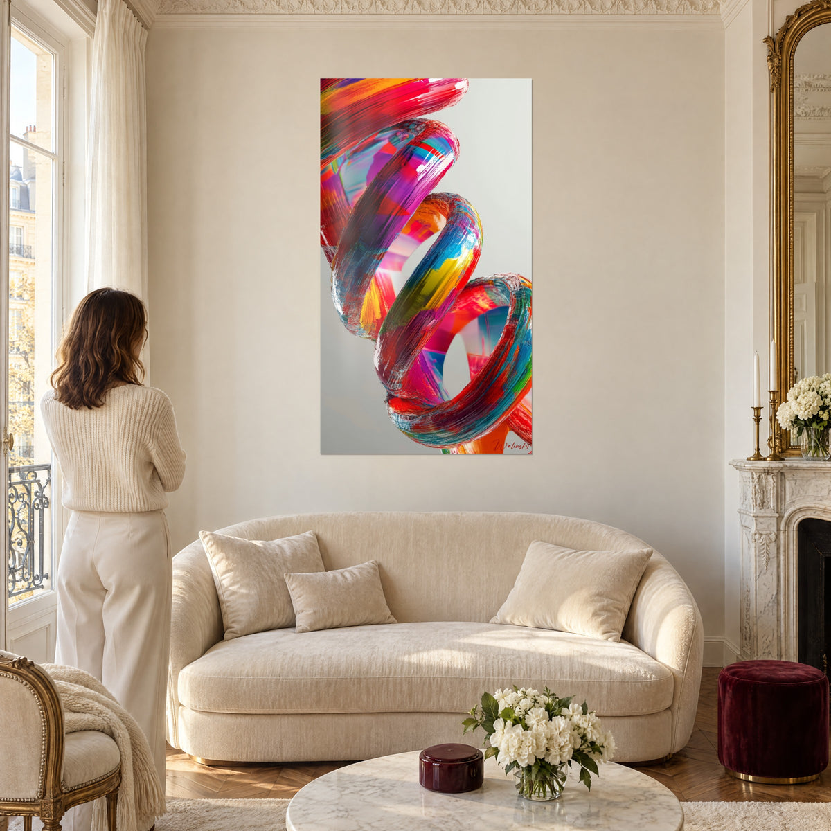 Schilderij DNA-helix met karmijnrode en turquoise linten, vrouw van achteren, boven een bank in een lichte woonkamer