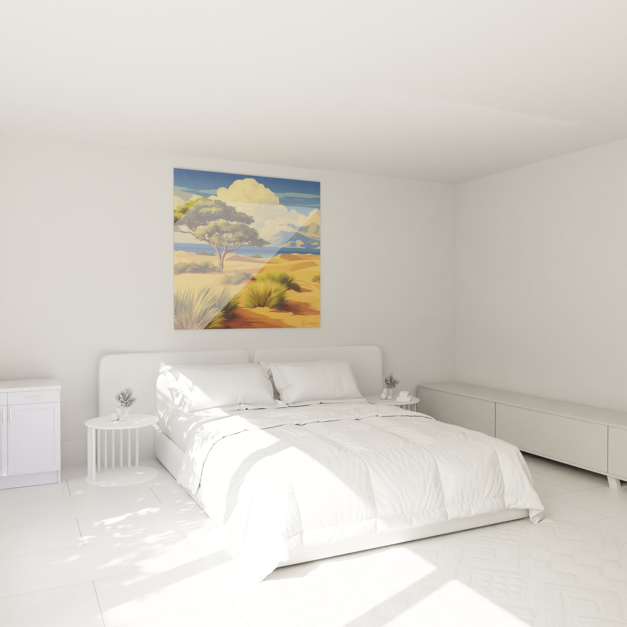 Ambiance chambre avec tableau mural paysage désert africain, décoration naturelle authentique