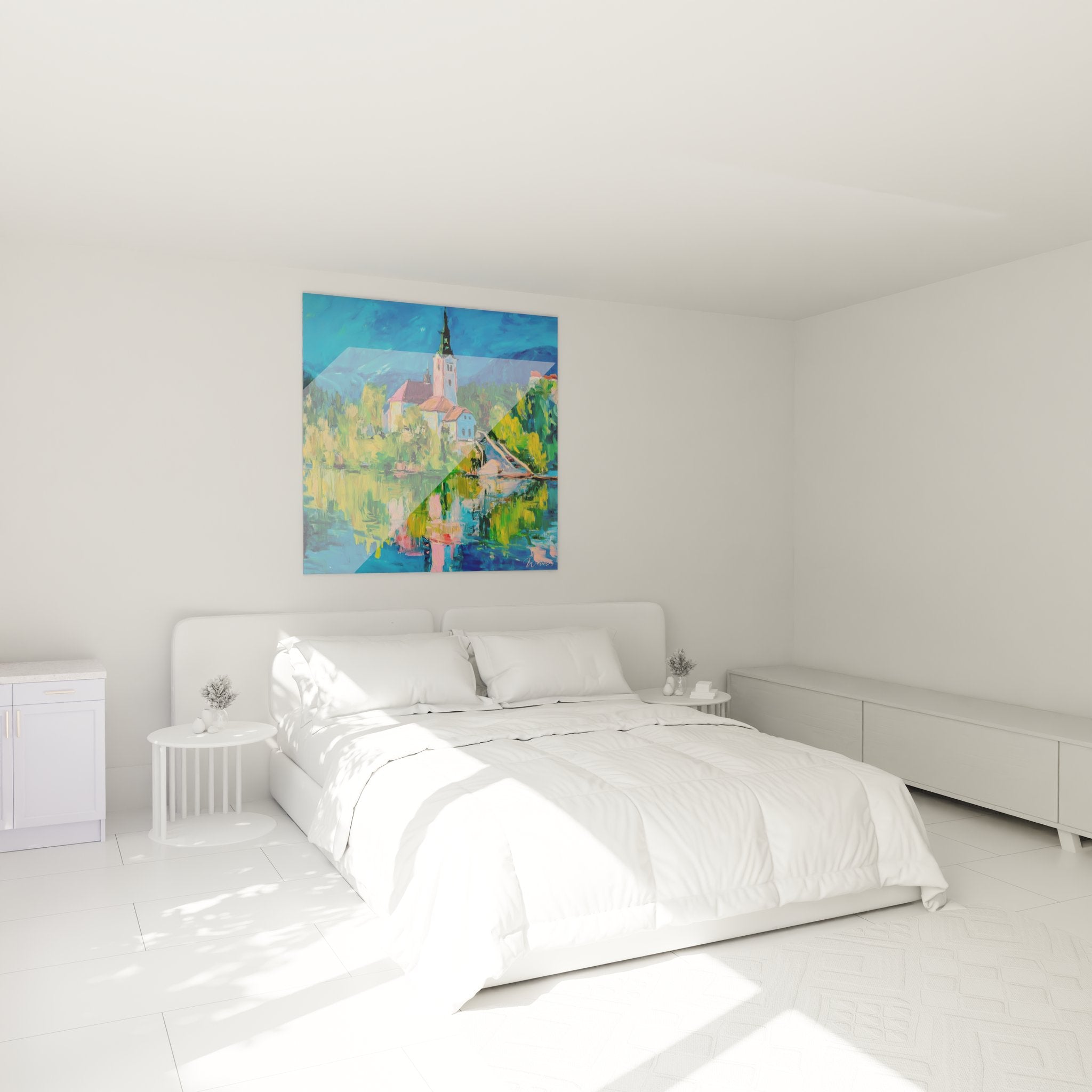 Ambiance chambre tableau église lac alpin reflets décoratifs art mural moderne