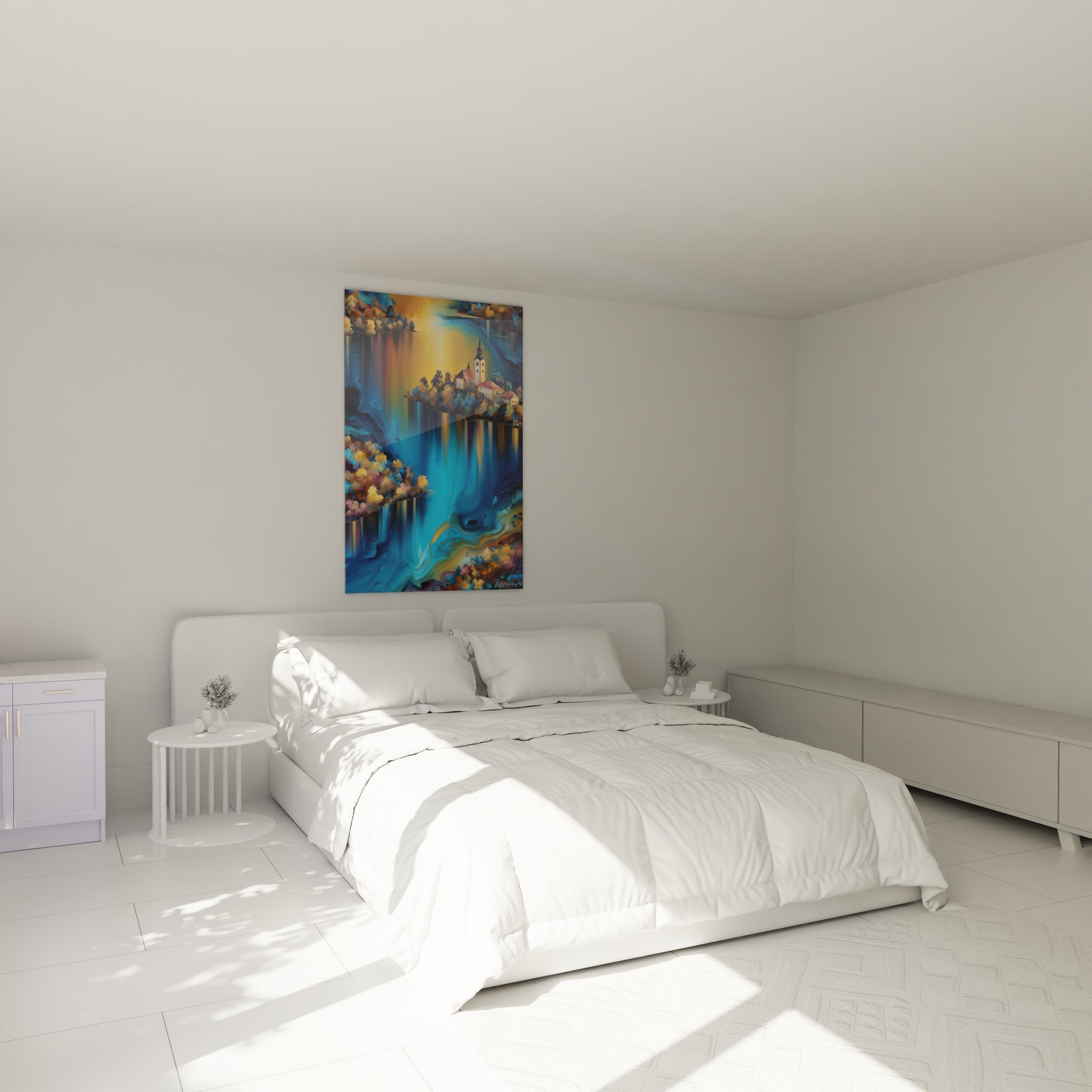 Ambiance chambre avec tableau église mystique aux reflets lacustres, décoration murale apaisante