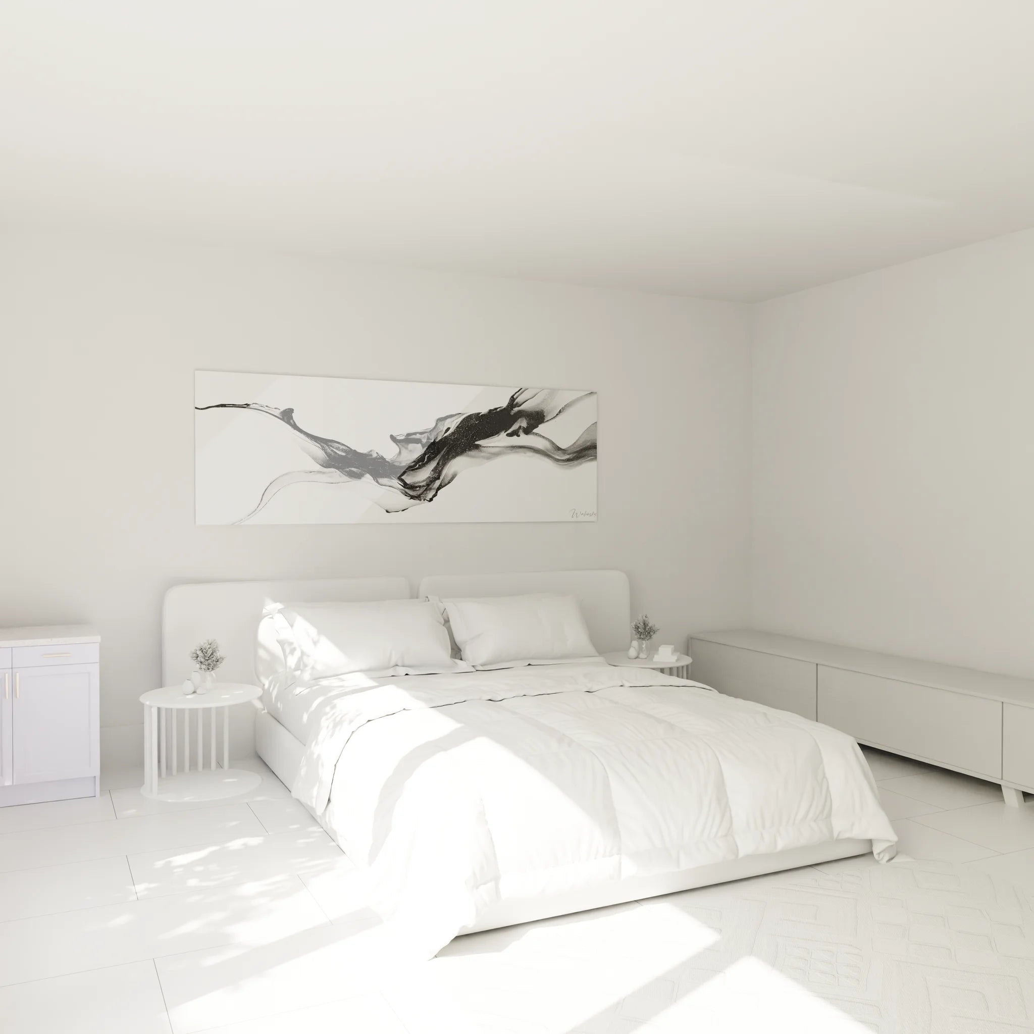 Ambiance chambre avec tableau encre fluide noir blanc abstrait au-dessus du lit, décoration murale élégante