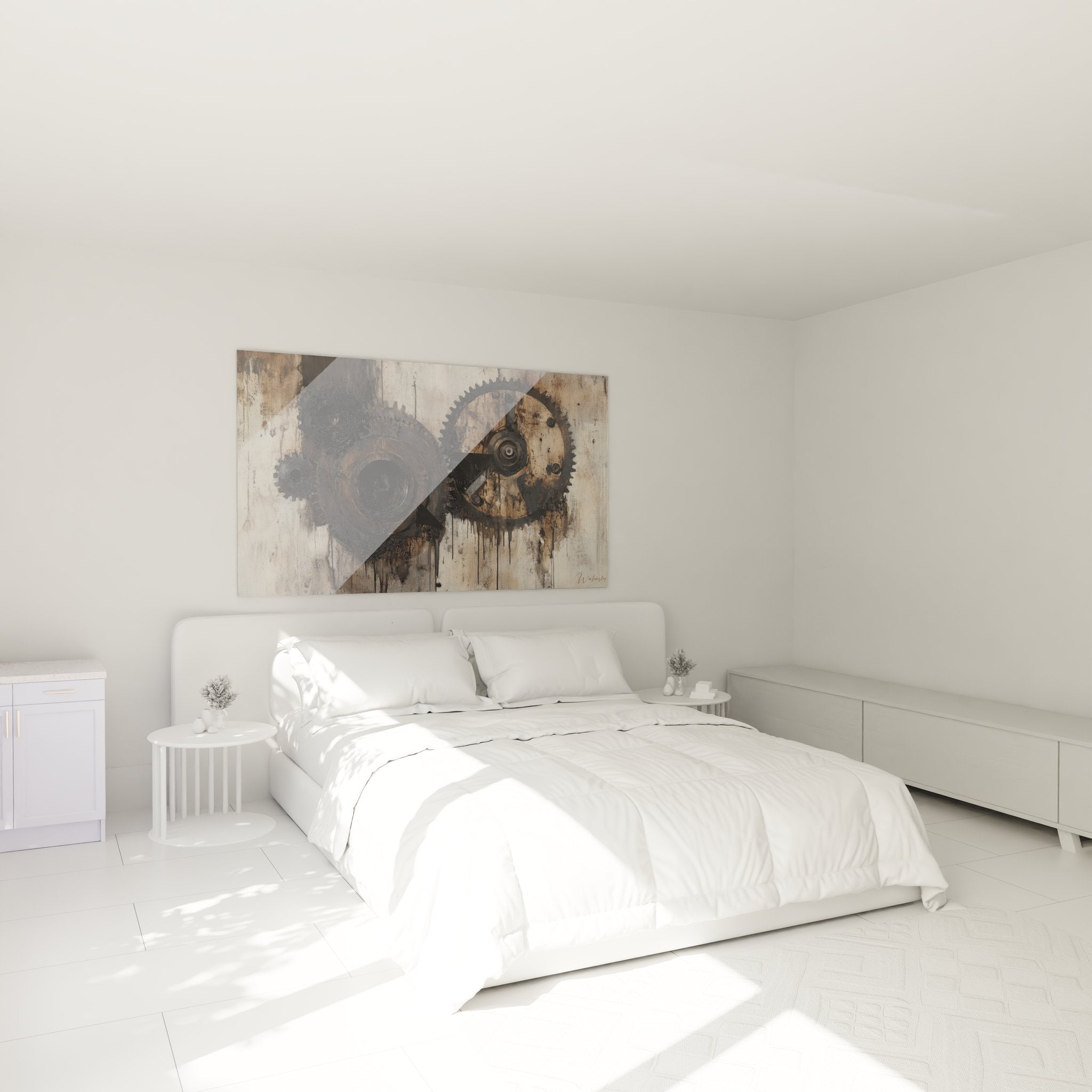 Ambiance chambre avec tableau engrenages industriels, décoration murale steampunk vintage sur bois ancien