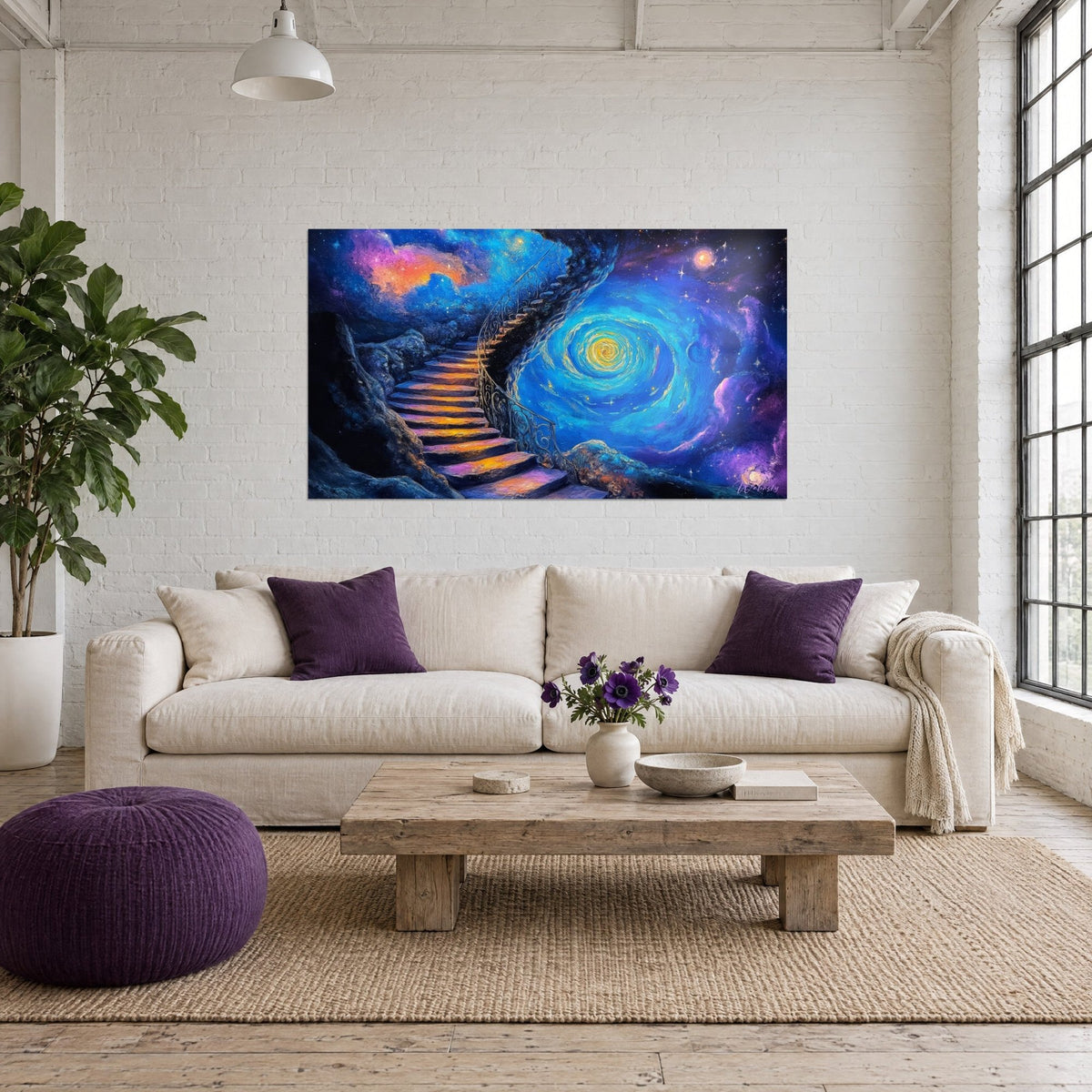 Quadro di una scala di pietra dorata che sale verso una spirale blu cobalto e gialla, cielo viola, sopra un divano in un soggiorno luminoso