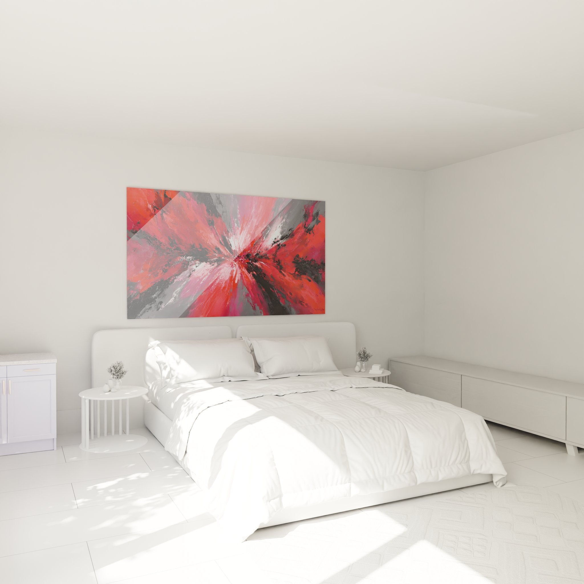 Ambiance chambre avec tableau mural explosion rouge expressionniste art contemporain