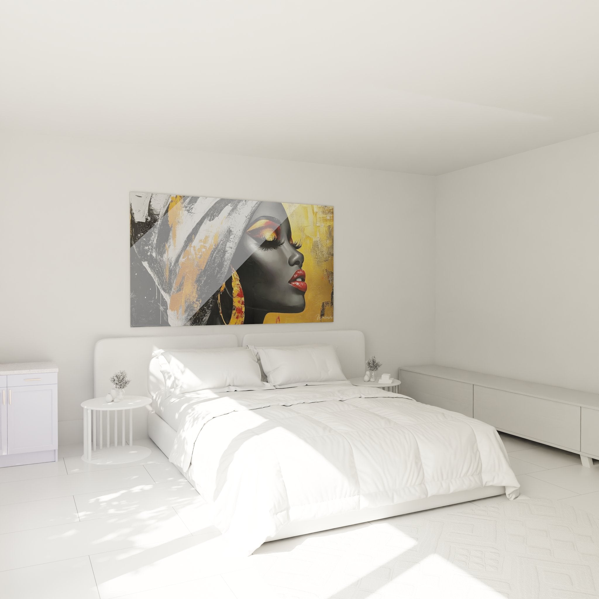 Ambiance chambre avec tableau femme africaine doré, décoration murale élégante et sophistiquée