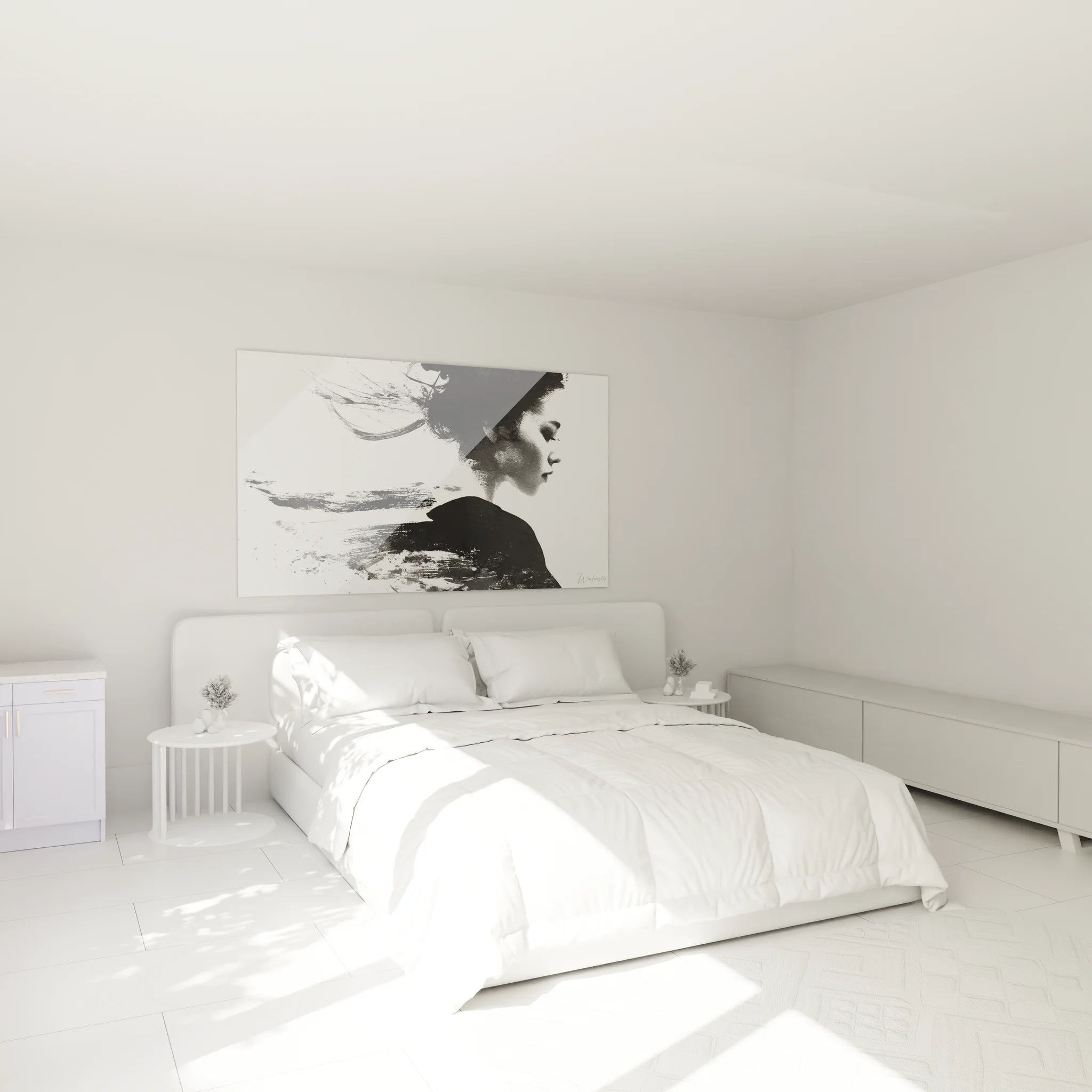 Ambiance chambre avec tableau femme profil noir blanc art moderne mural décoratif élégant