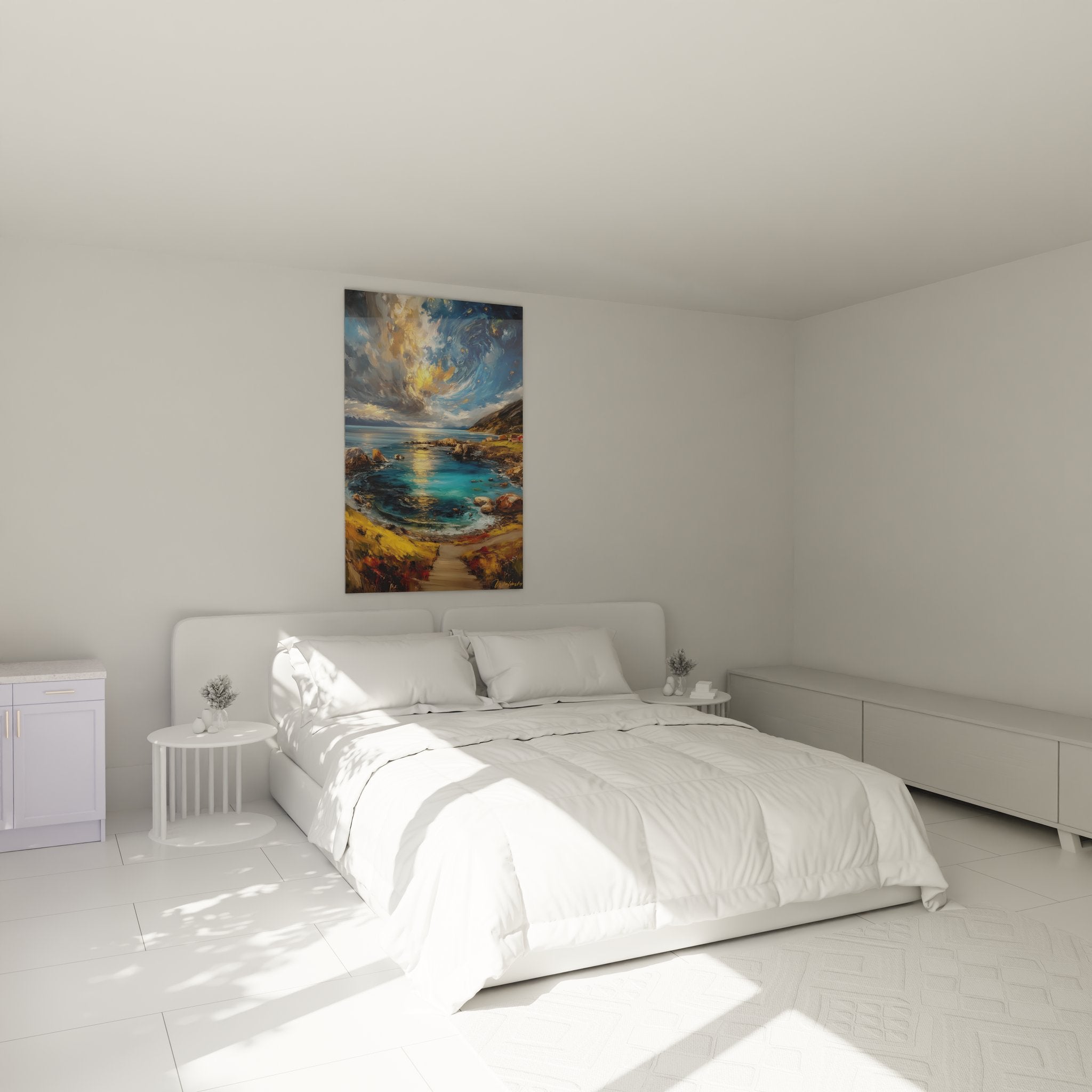 Ambiance chambre avec tableau crique norvégienne aux couleurs spectaculaires dorées et bleues