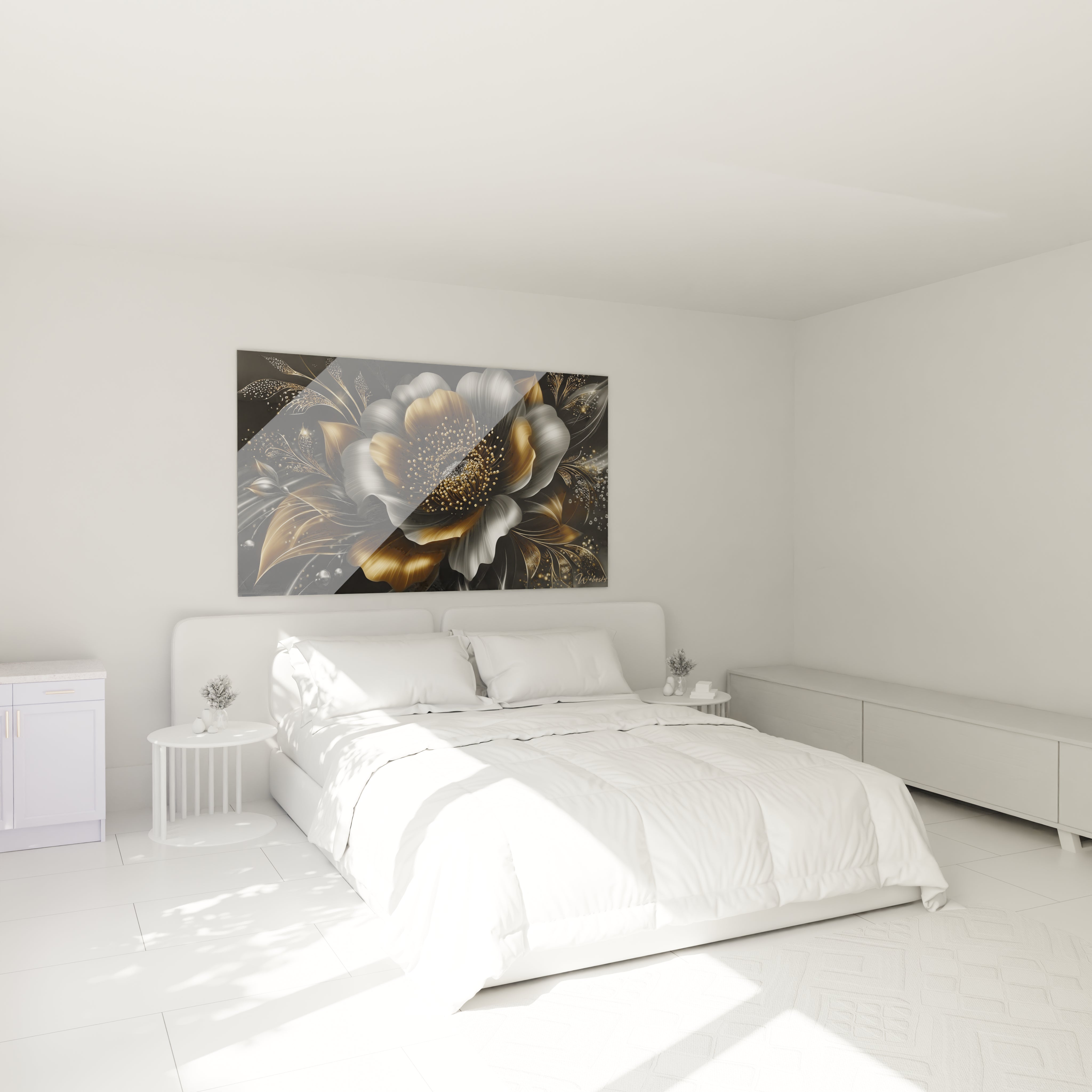Ambiance chambre avec tableau fleur dorée métallique - décoration murale élégante style contemporain