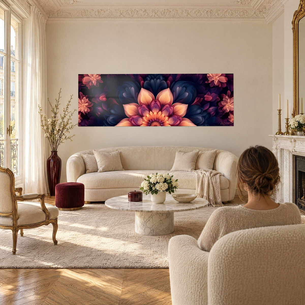 Πίνακας συμμετρικό floral μάντσαλα με πέταλα ροδάκινου και indigo, πάνω από ένα καναπέ σε φωτεινό σαλόνι