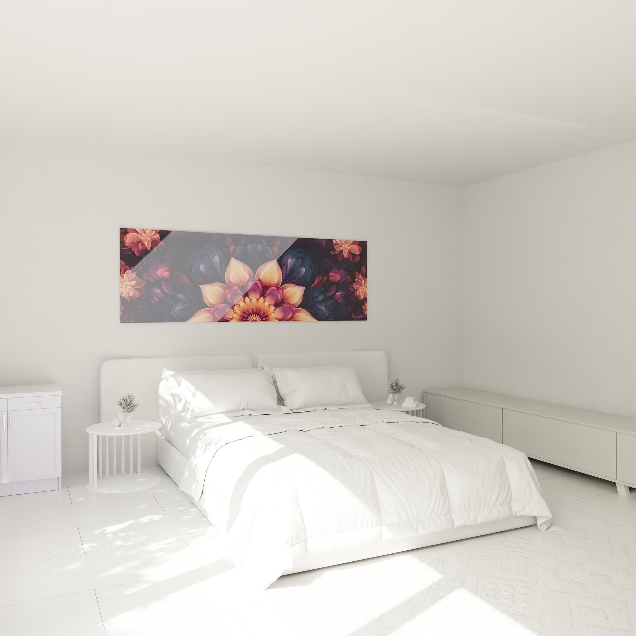 Ambiance chambre avec tableau fleur fractale mystique sur mur blanc moderne