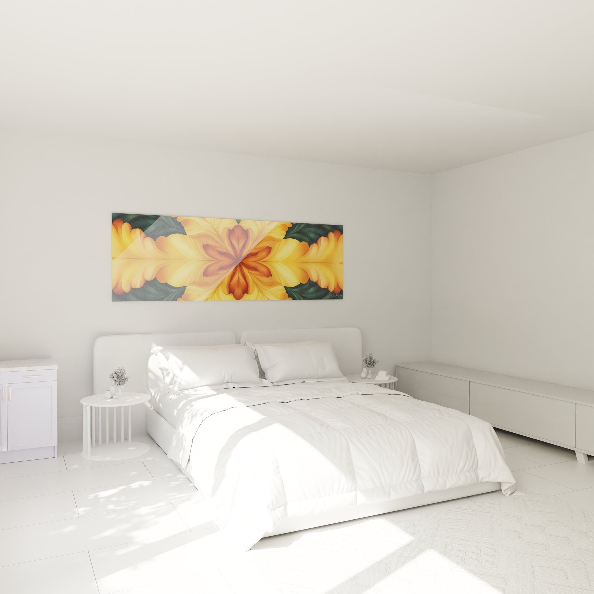 Ambiance chambre tableau fleur fractale orange décoration murale moderne tons chauds