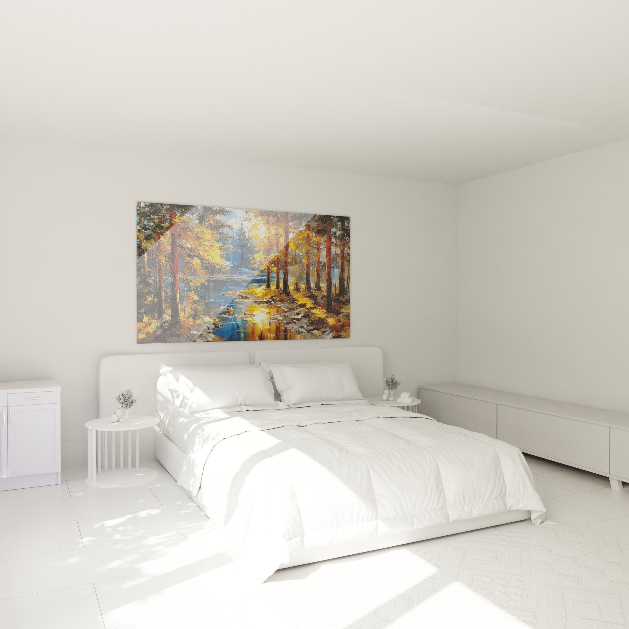 Ambiance chambre avec tableau forêt automnale lumière dorée décoration murale nature apaisante