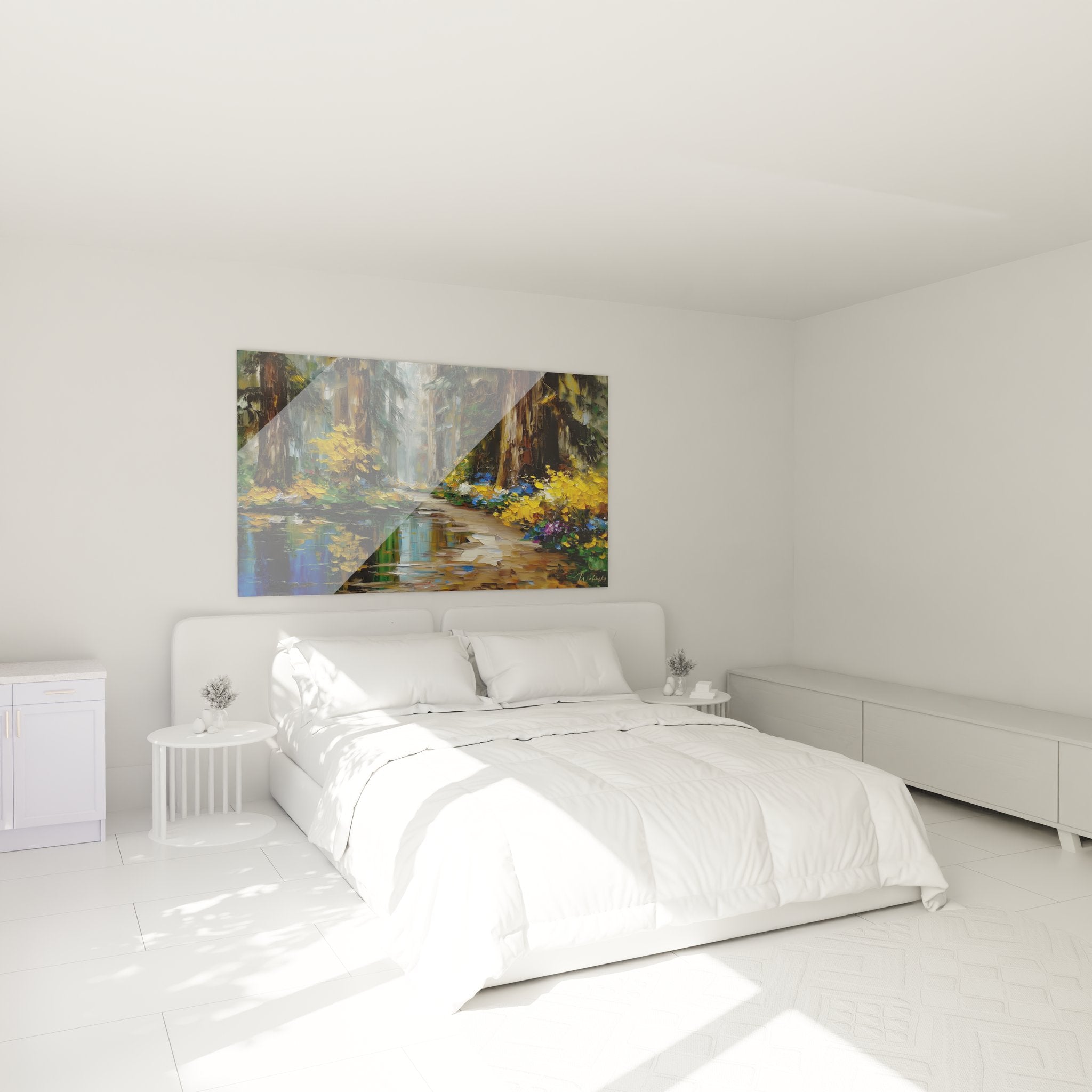 Ambiance chambre avec tableau chemin forestier automne aux couleurs dorées créant atmosphère apaisante