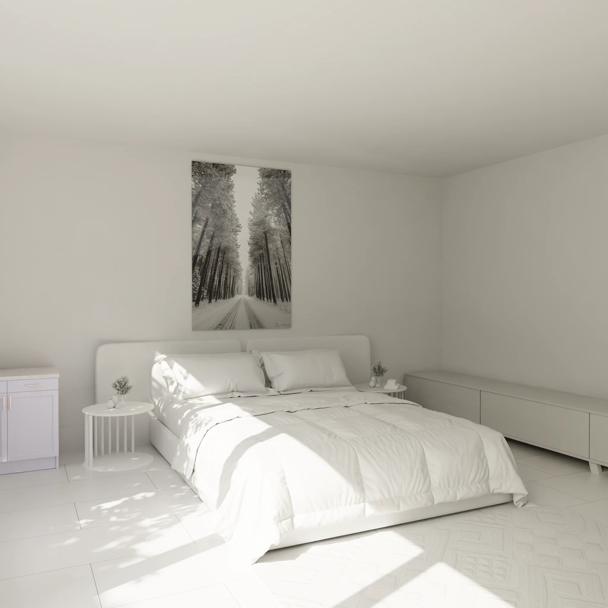 Ambiance chambre avec tableau paysage hiver noir blanc route forestière déco murale apaisante
