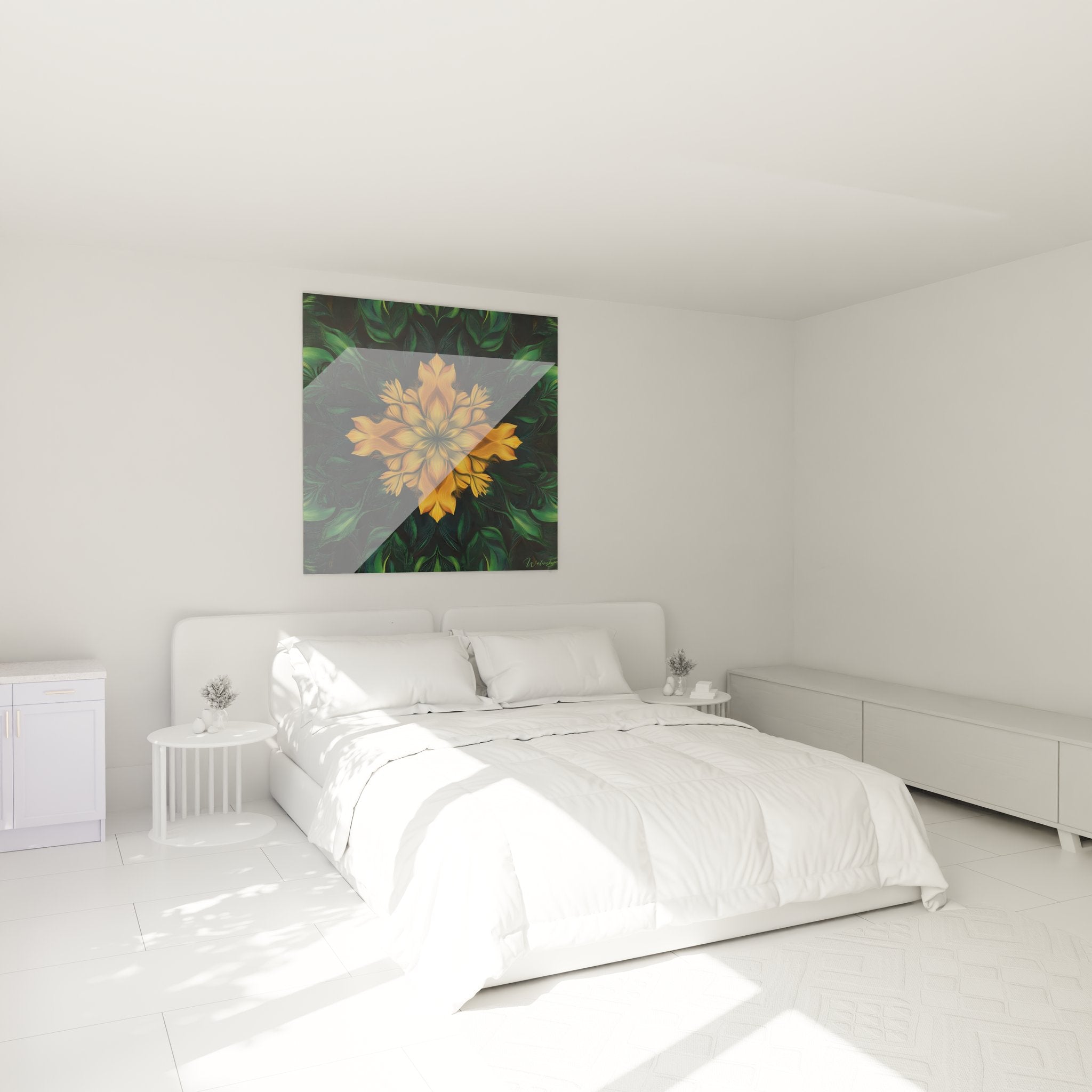Ambiance chambre avec tableau fractale mandala fleur orange, décoration murale élégante