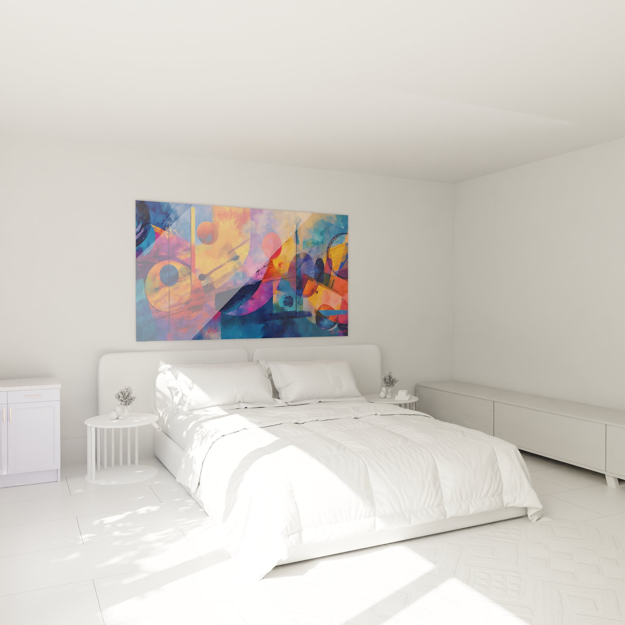 Ambiance chambre avec tableau géométrique abstrait coloré créant atmosphère artistique contemporaine