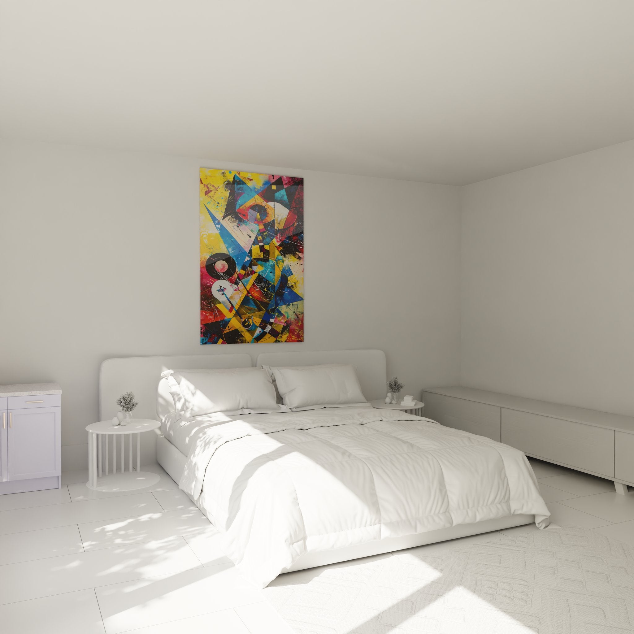 Ambiance chambre avec tableau géométrique abstrait coloré, décoration murale moderne élégante
