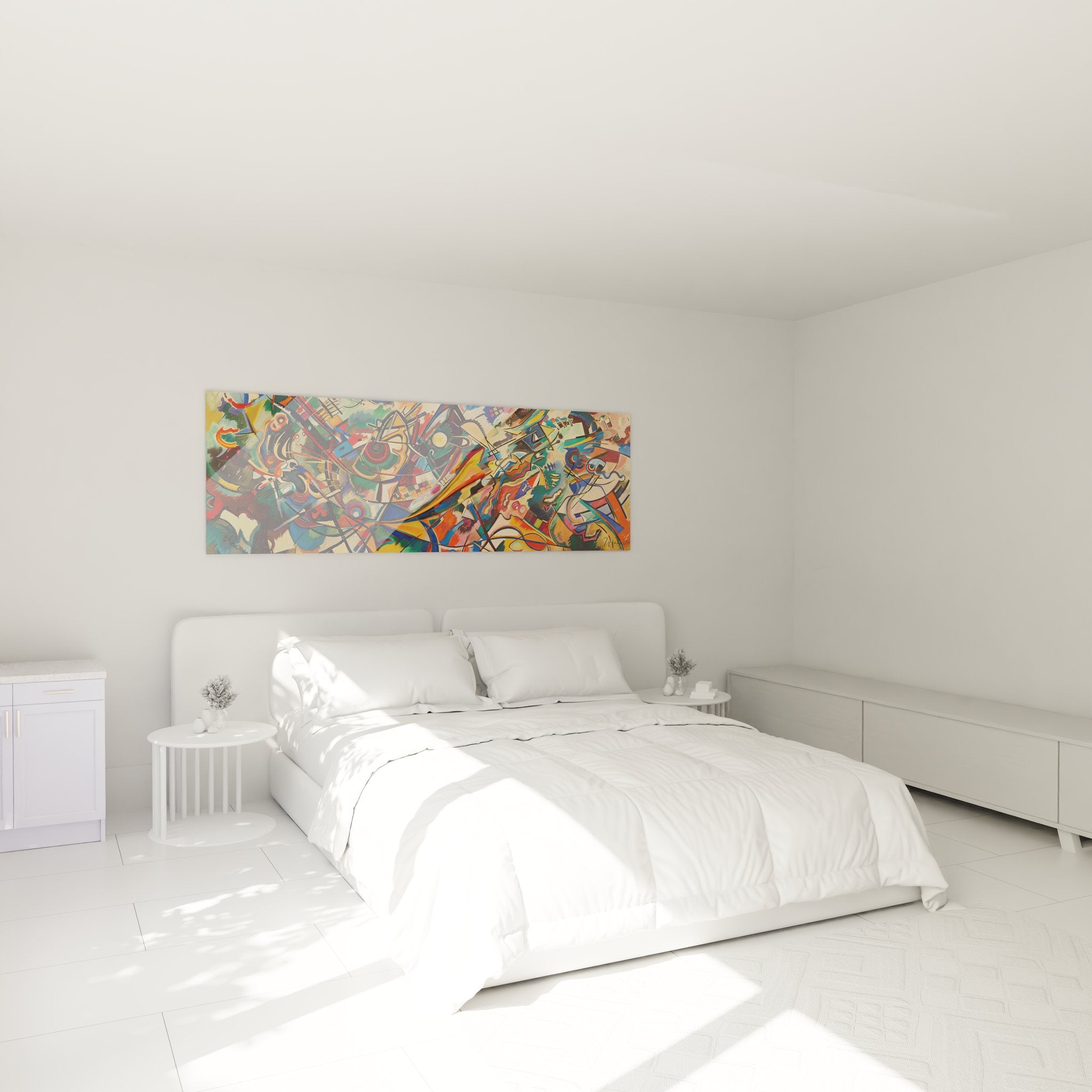 Ambiance chambre avec tableau abstrait géométrique coloré créant une atmosphère contemporaine élégante
