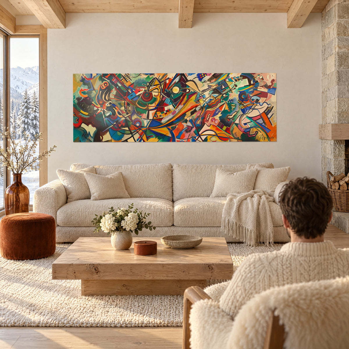 Gemälde Komposition aus abstrakten Formen, geometrische Figuren in Rot und Türkis, über einem Sofa in einem hellen Wohnzimmer