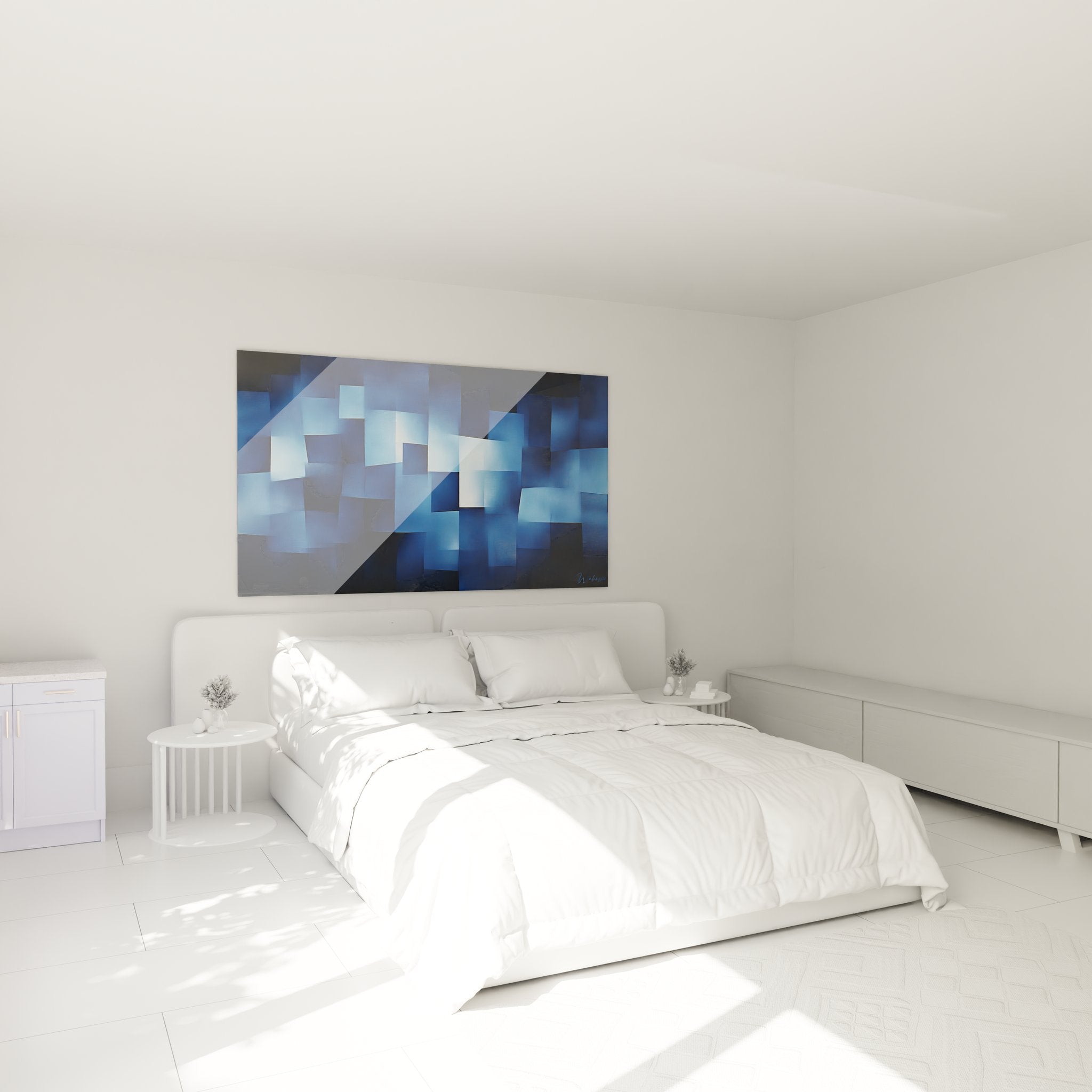 Ambiance chambre avec tableau géométrique abstrait bleu formes cubiques décoration moderne