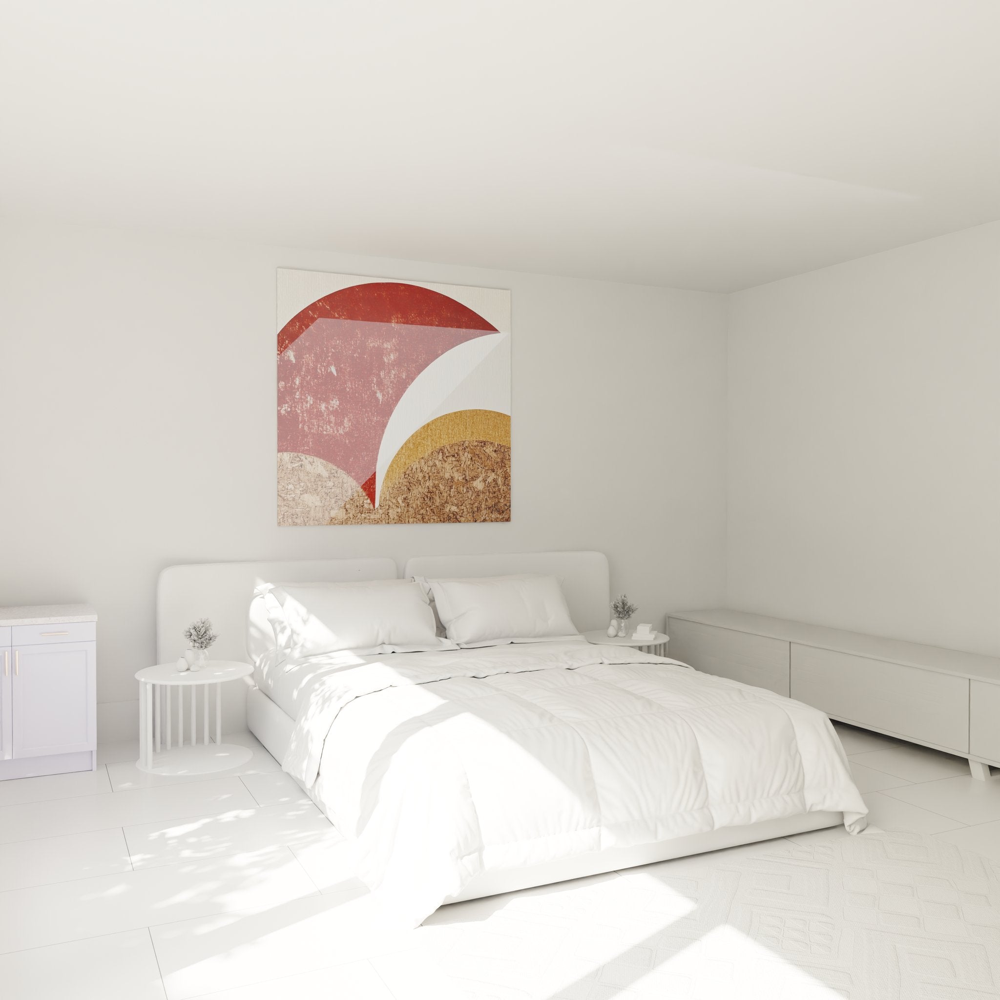 Ambiance chambre tableau géométrique minimaliste rouge décoration murale moderne épurée