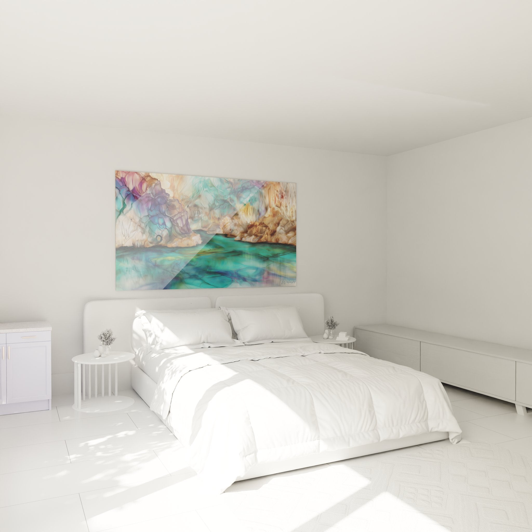 Ambiance chambre tableau mural grotte aquatique cristaux violets turquoise décoration moderne apaisante