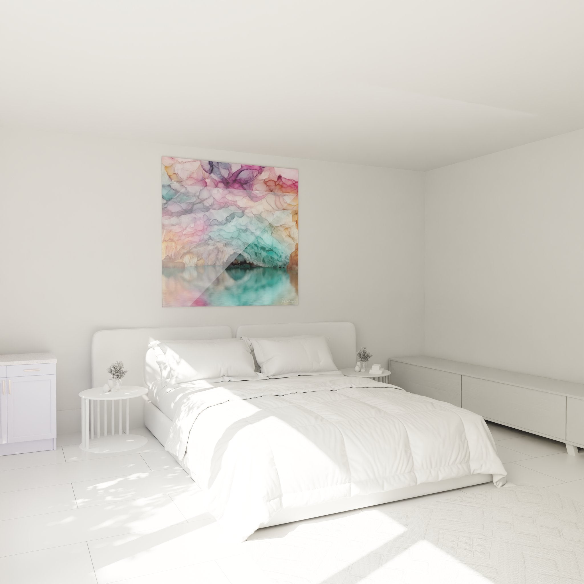 Ambiance chambre avec tableau grotte mystique colorée - décoration murale apaisante grottes naturelles