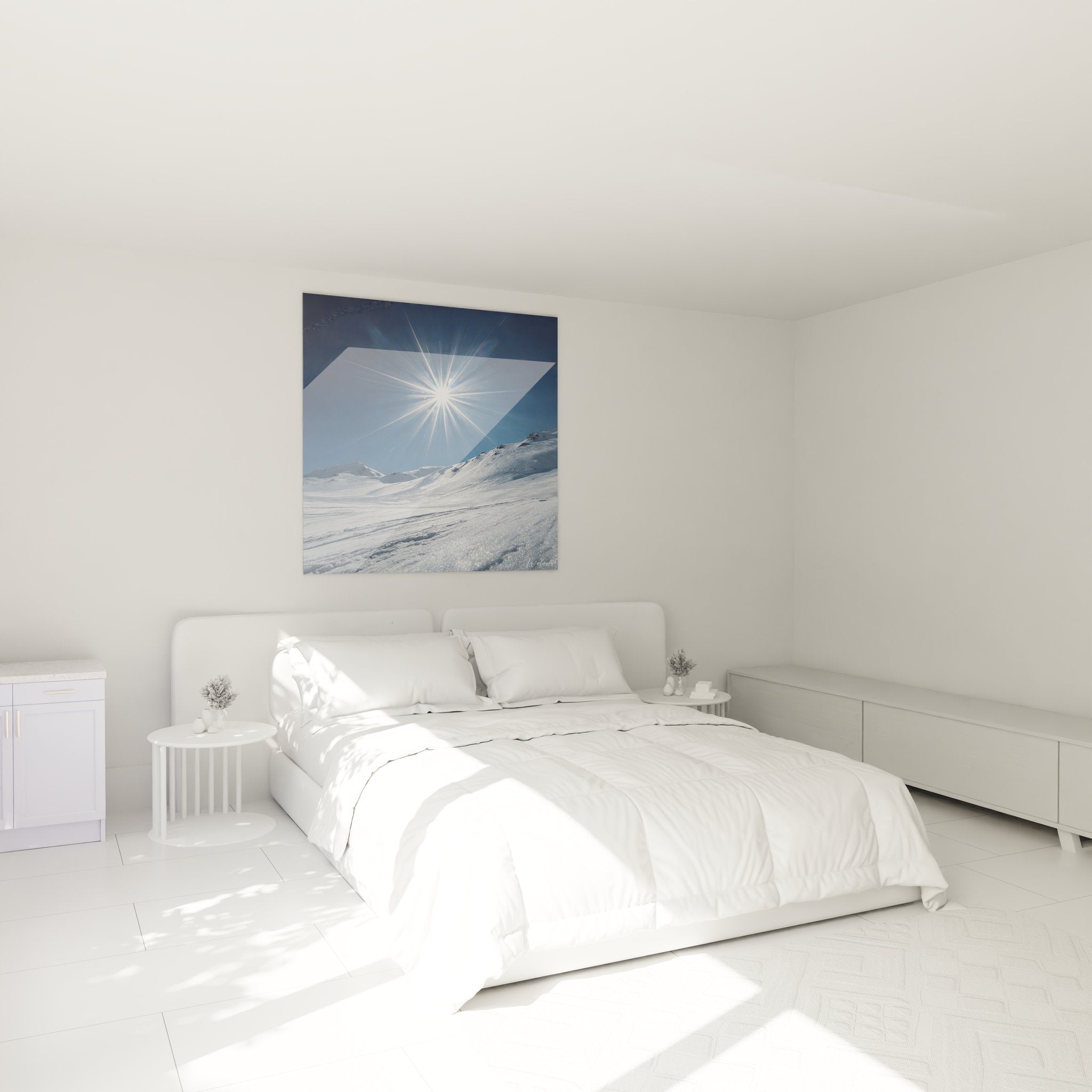 Ambiance chambre avec tableau hiver soleil montagne neige décoration murale art moderne paysage