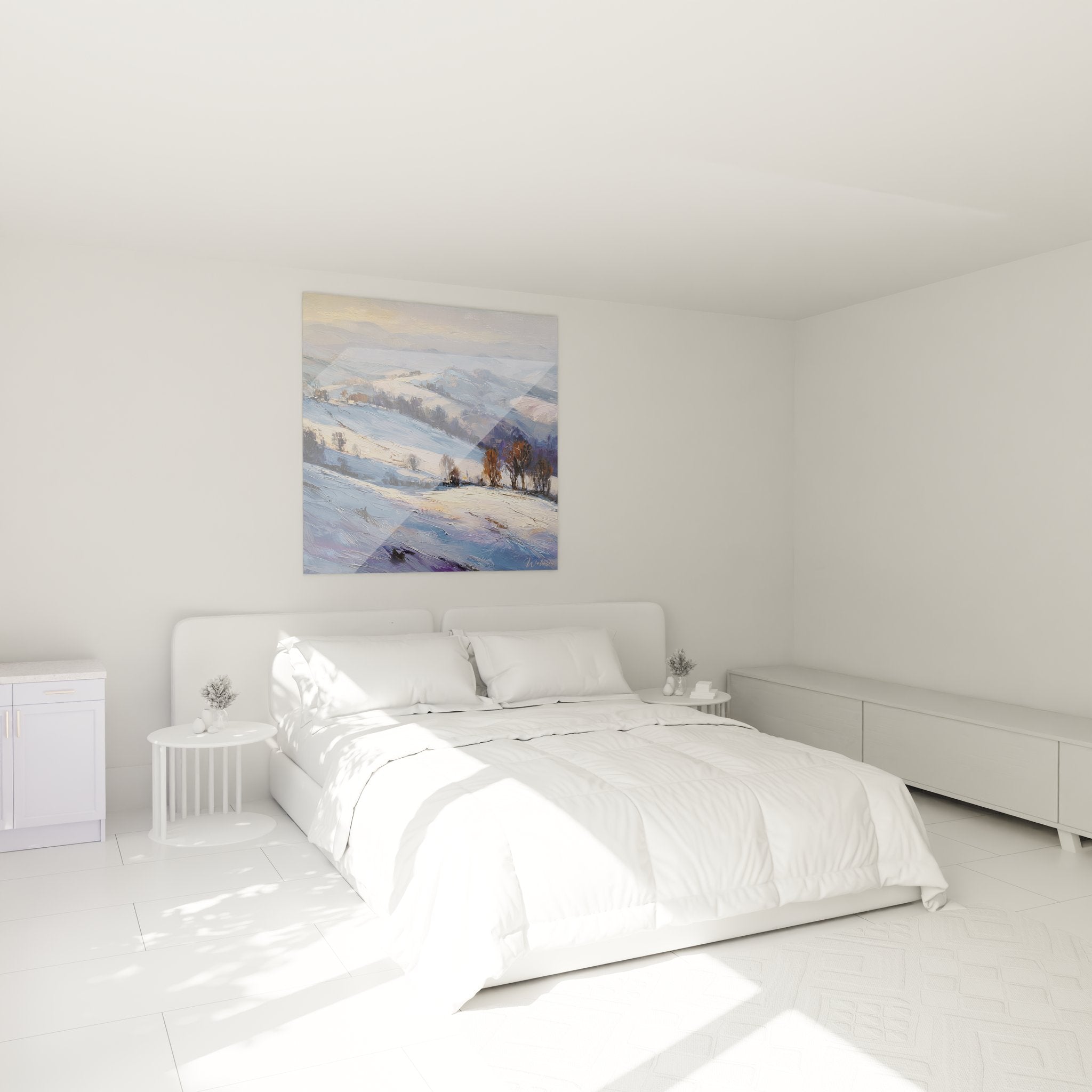 Ambiance chambre avec tableau paysage hivernal enneigé, décoration murale hiver tons dorés et bleus