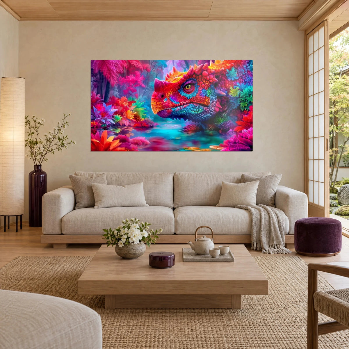 Gemälde Panzerdinosaurier mit roten und blauen Schuppen, grünes Auge, rosa blühender Dschungel, über einem Sofa in einem hellen Wohnzimmer