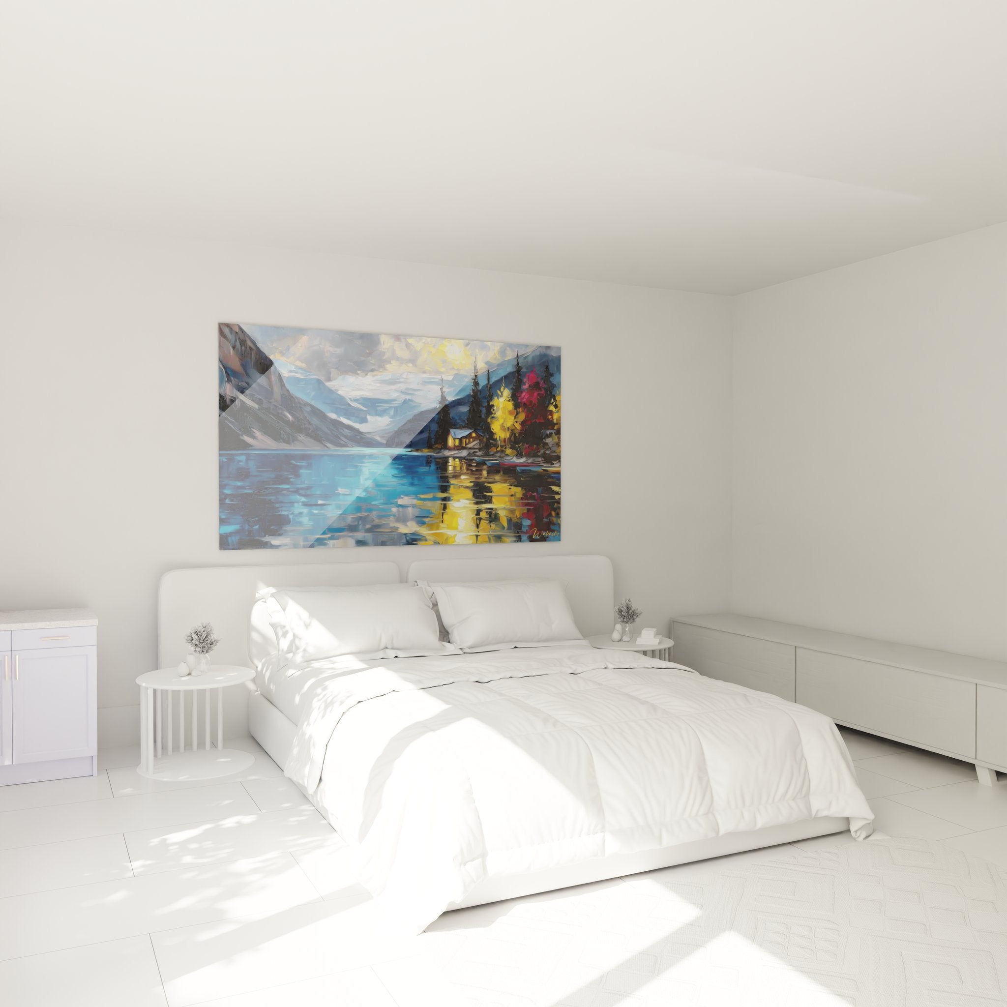 Ambiance chambre avec tableau lac automne aux couleurs chaudes, décoration murale apaisante style nature