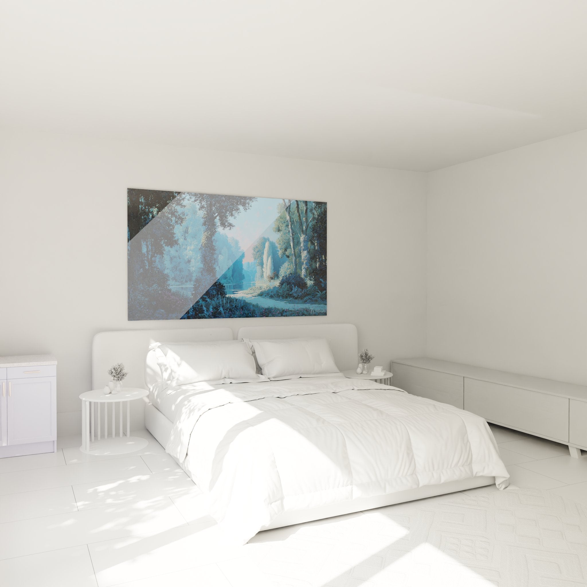 Ambiance chambre avec tableau décoratif lac bleu créant une atmosphère apaisante et sereine