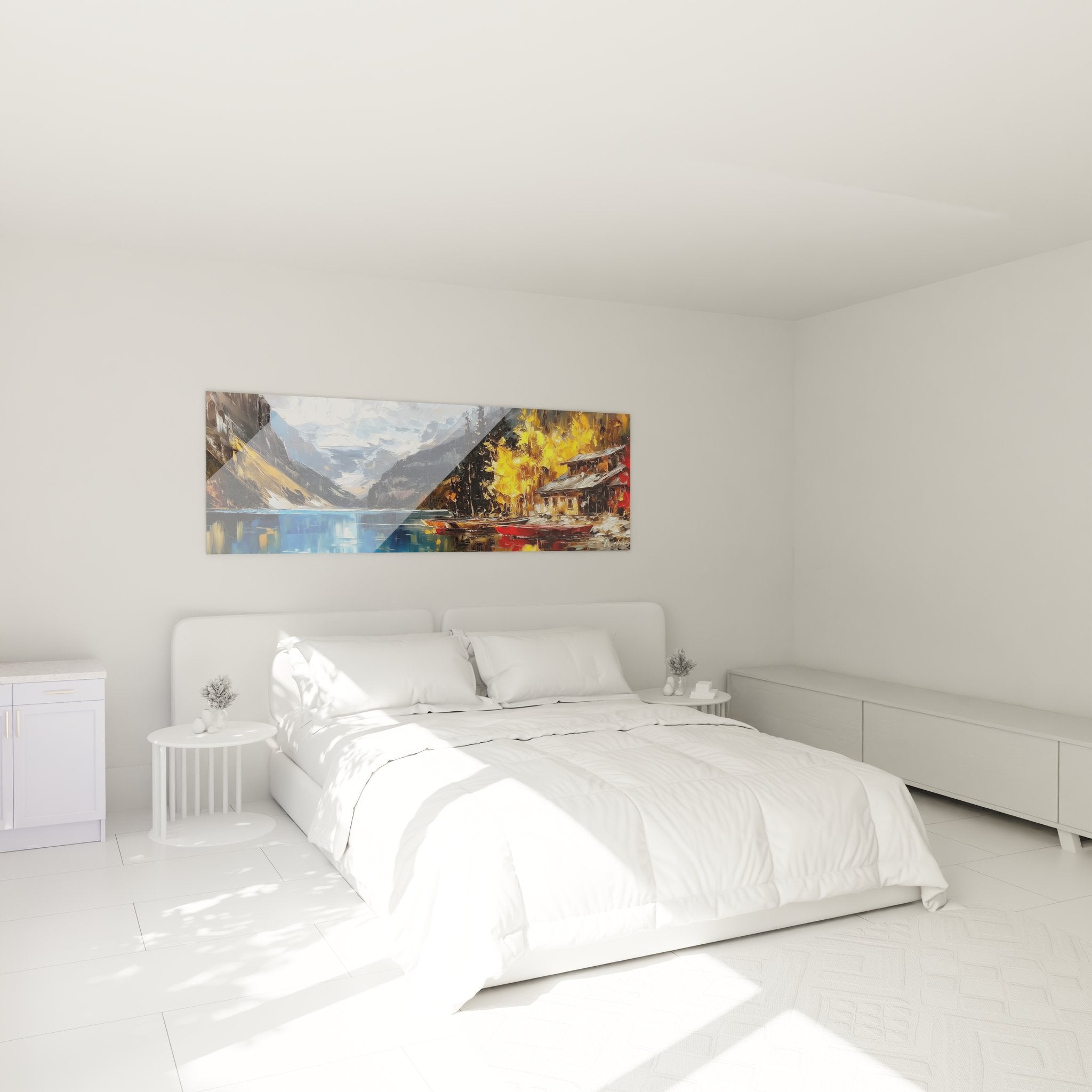 Ambiance chambre avec tableau lac montagnard aux tons dorés, décoration murale apaisante style nature