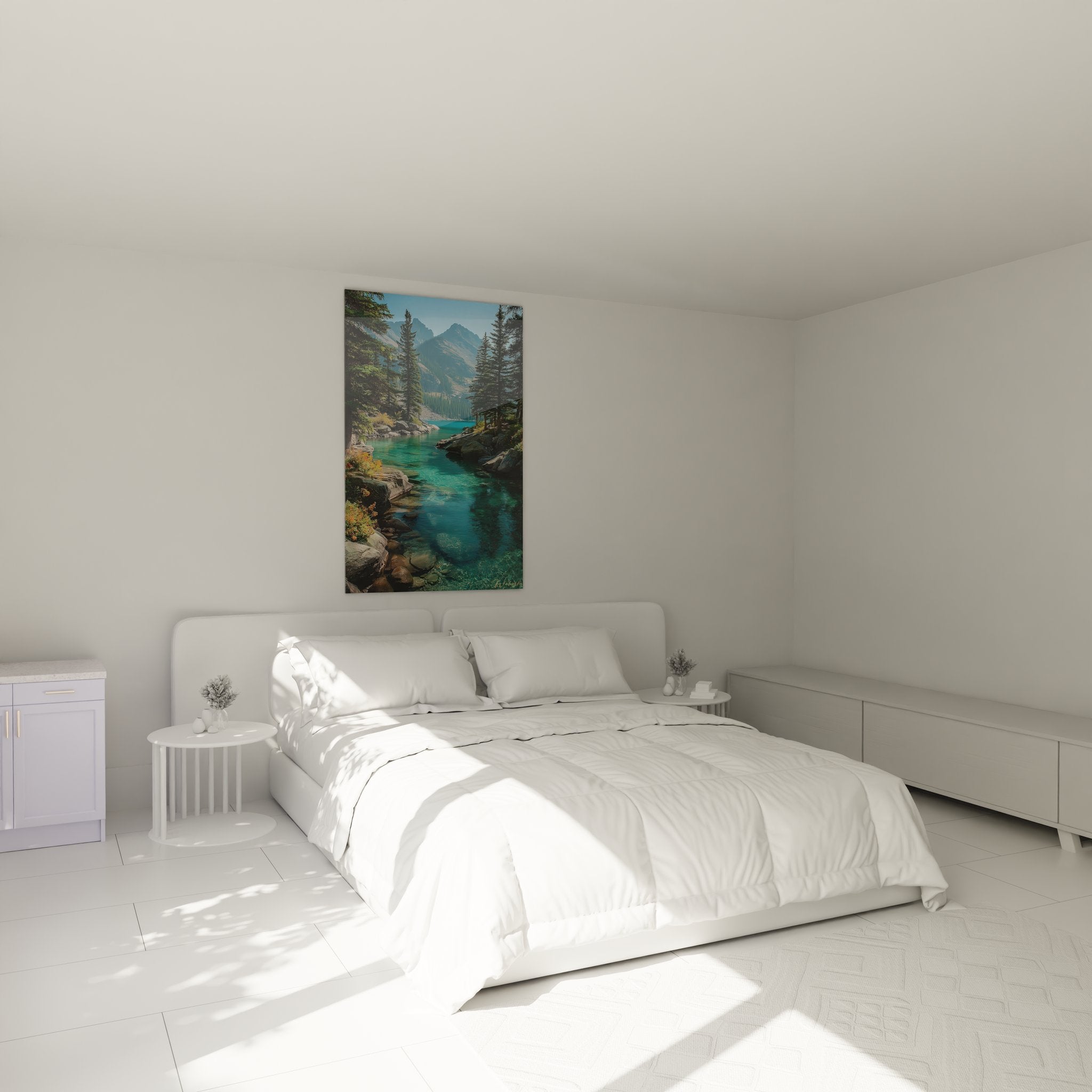 Ambiance chambre avec tableau mural lac de montagne aux eaux cristallines, décoration apaisante