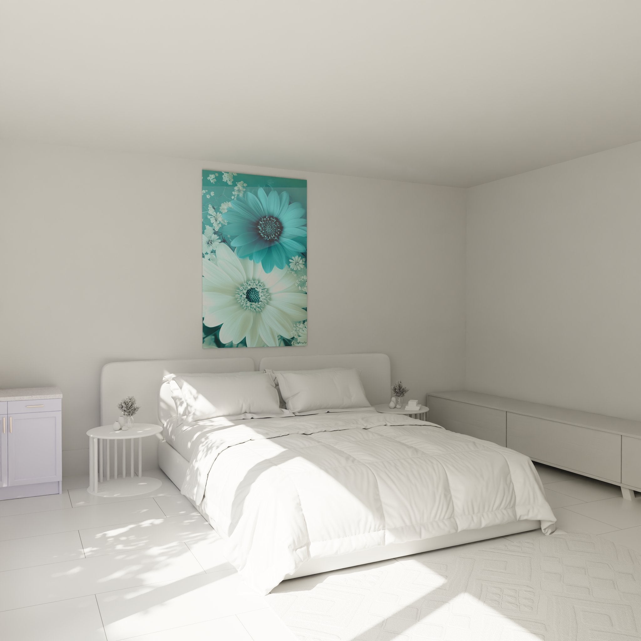 Ambiance chambre avec tableau marguerites turquoise décoration murale florale zen et apaisante