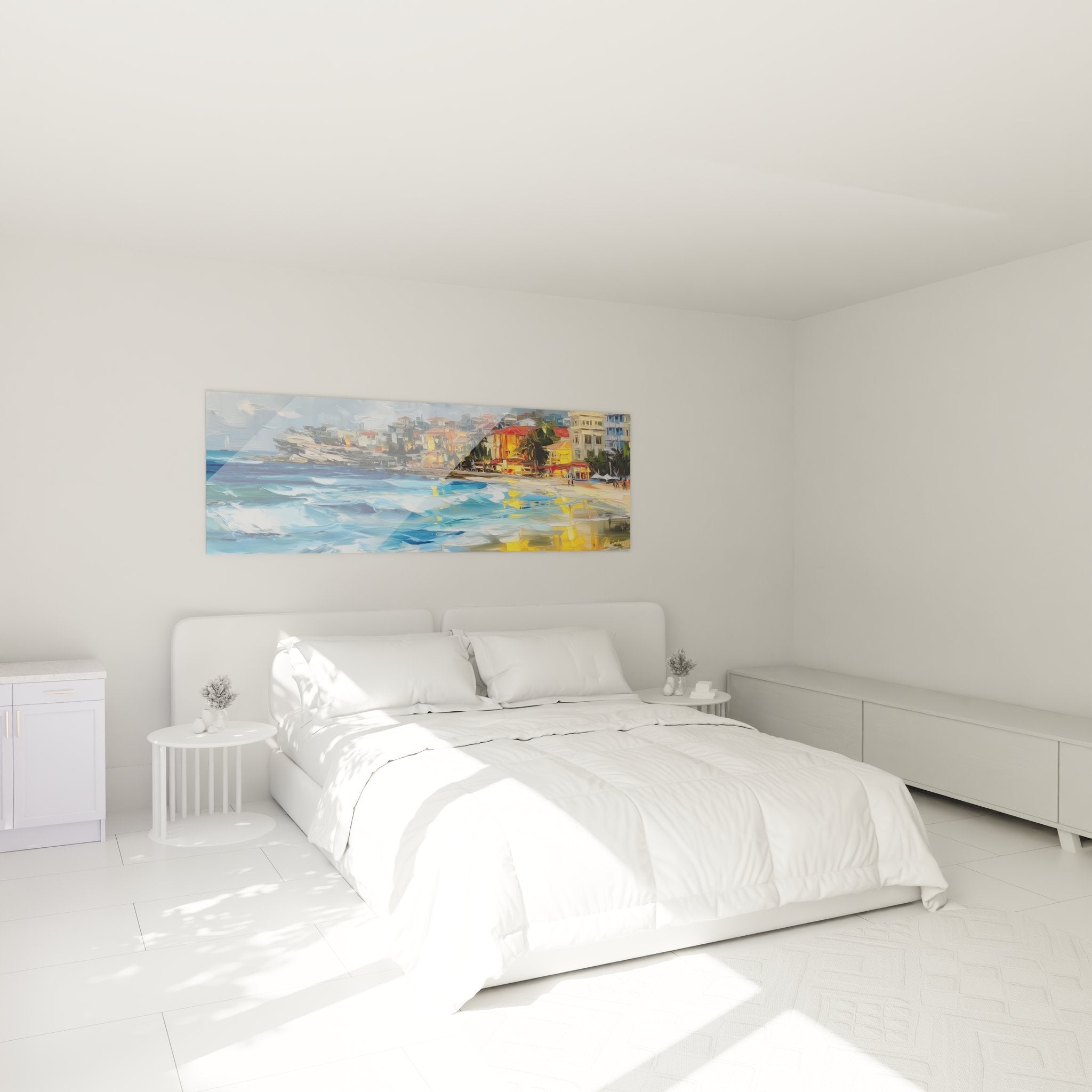 Ambiance chambre avec tableau côte méditerranéenne colorée au-dessus du lit, décoration maritime