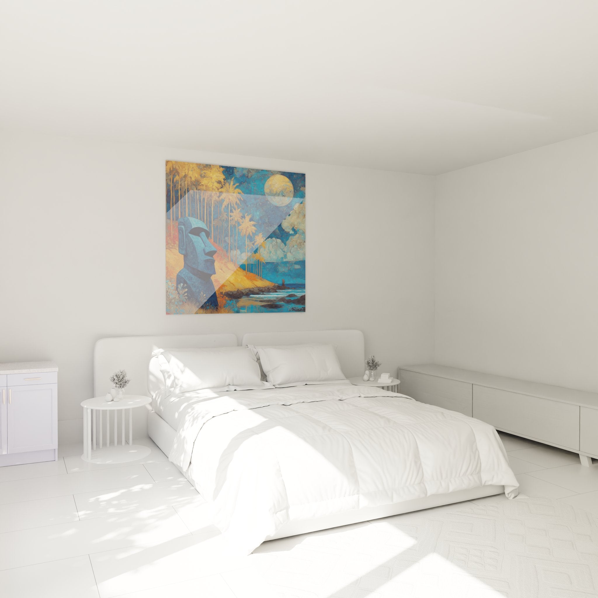 Ambiance chambre avec tableau Moai île de Pâques, décoration murale art polynésien paysage tropical nocturne
