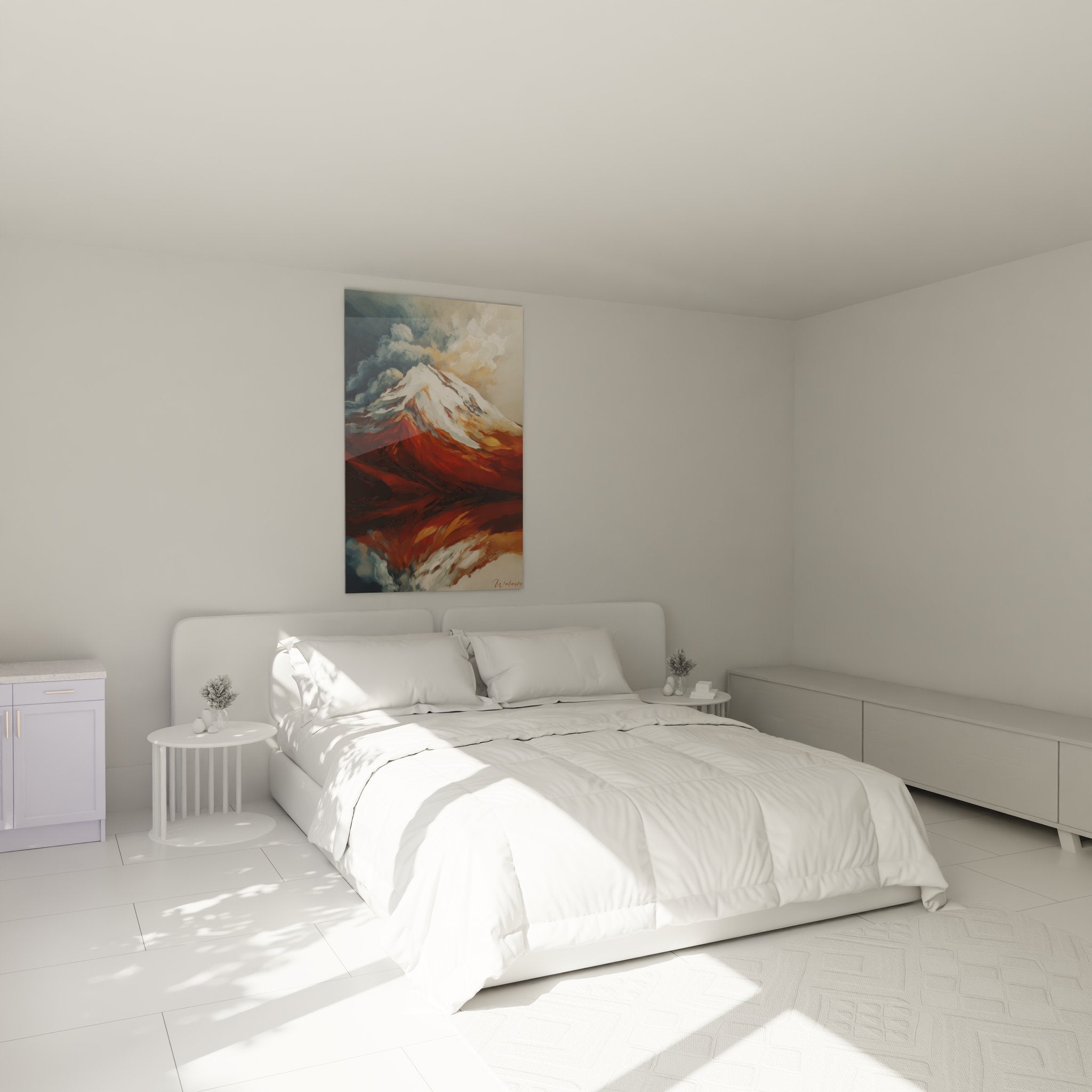 Ambiance chambre avec tableau mont enneigé abstrait, décoration murale montagne style contemporain