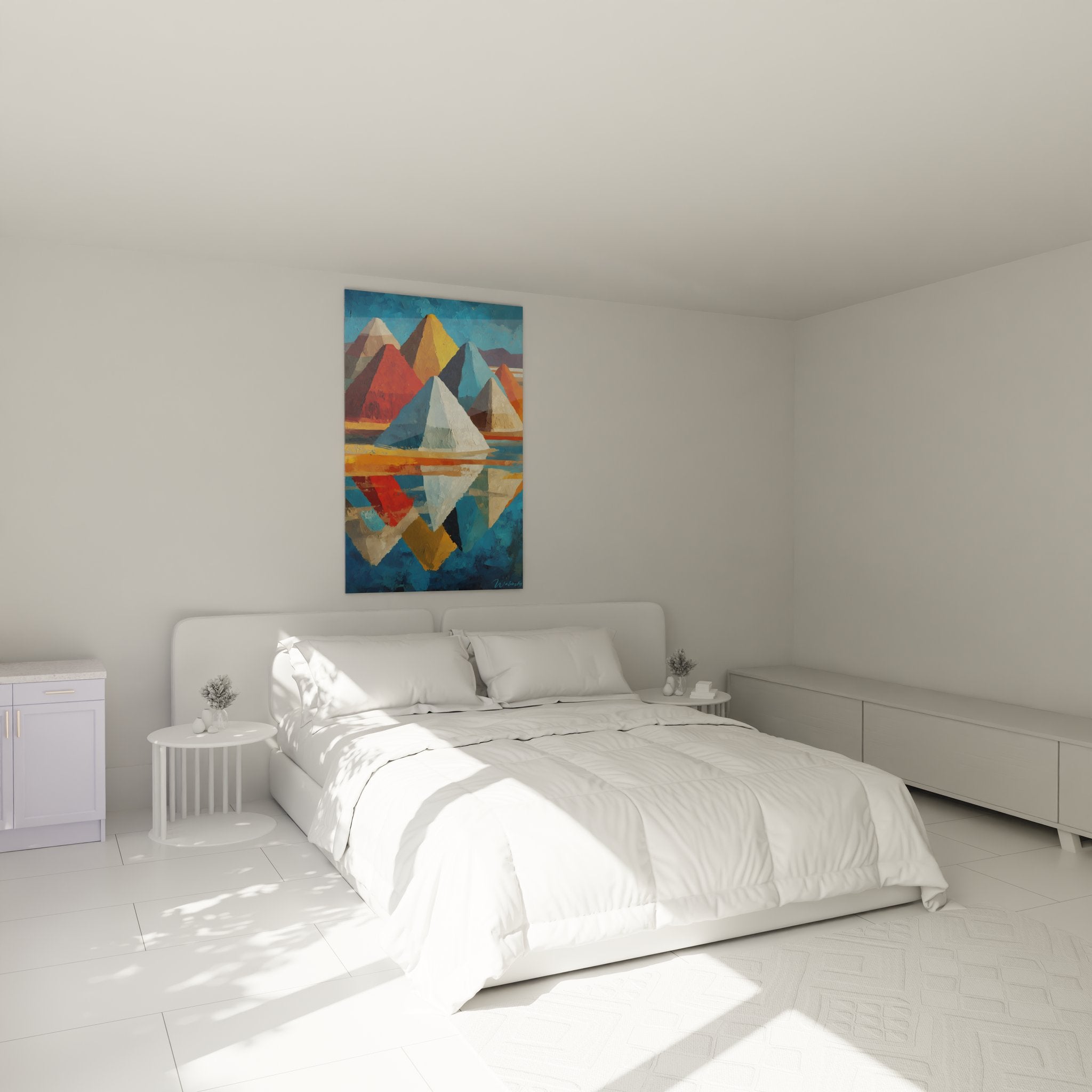 Ambiance chambre avec tableau montagnes colorées géométriques, décoration murale moderne désert