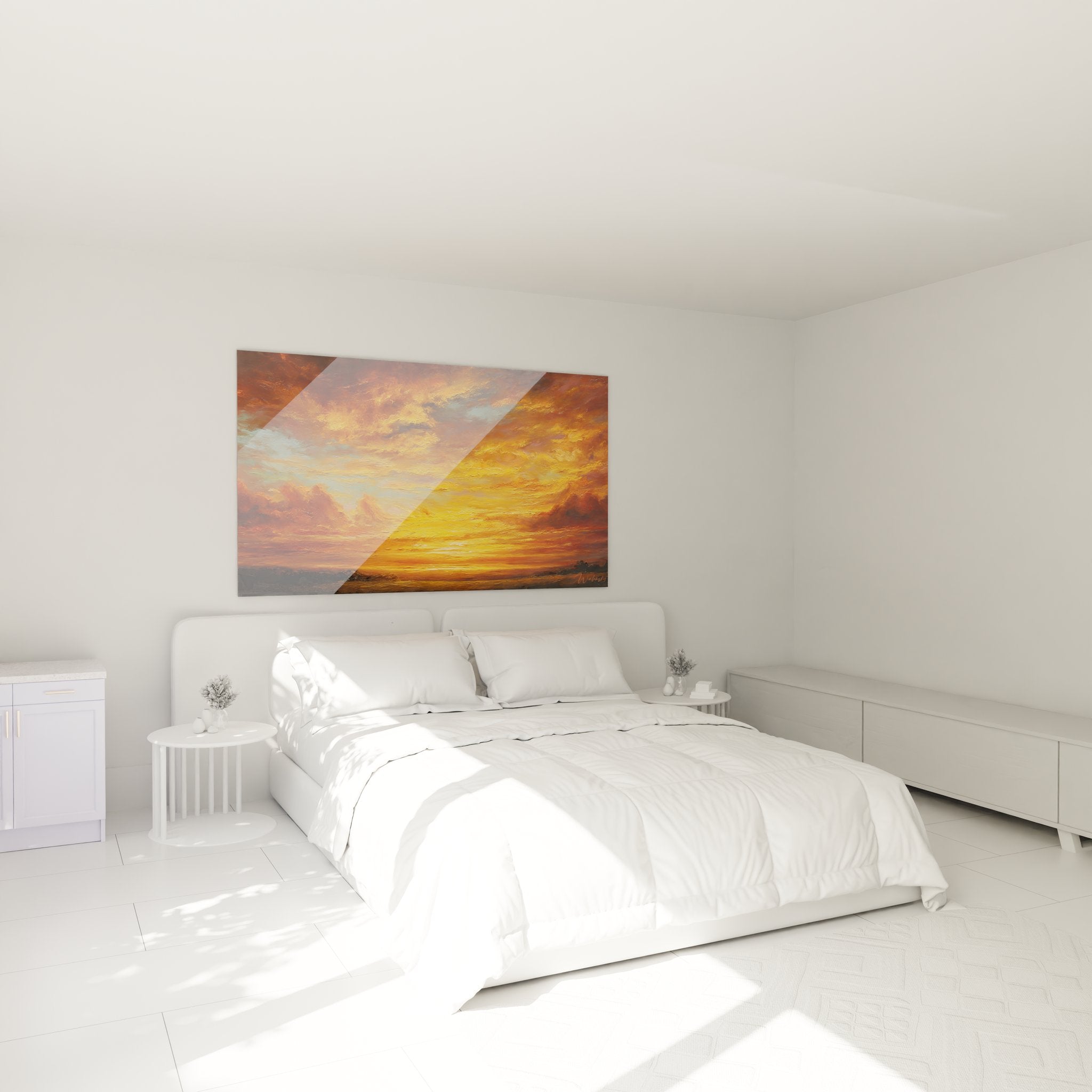 Ambiance chambre avec tableau mural coucher de soleil océan créant une atmosphère chaleureuse et apaisante