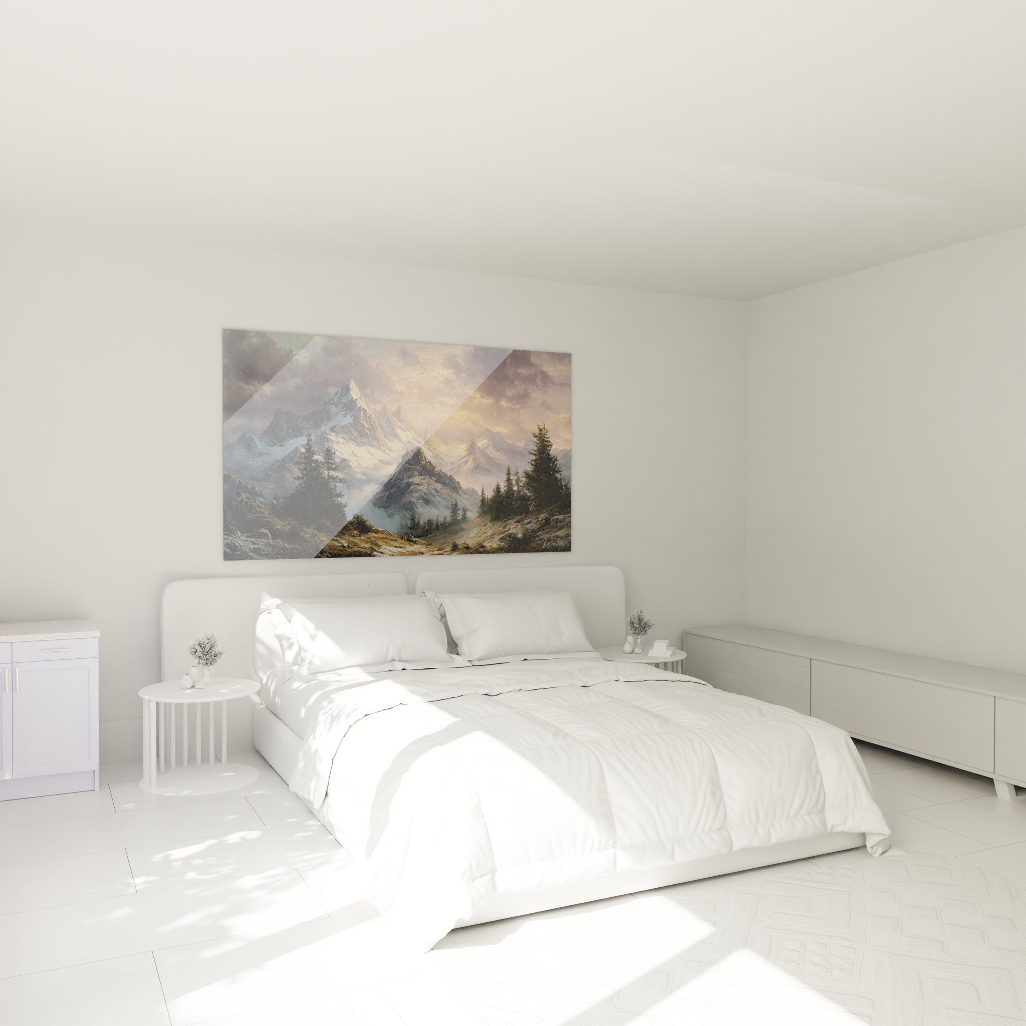 Ambiance chambre avec tableau mural montagne représentant paysage alpin au coucher de soleil