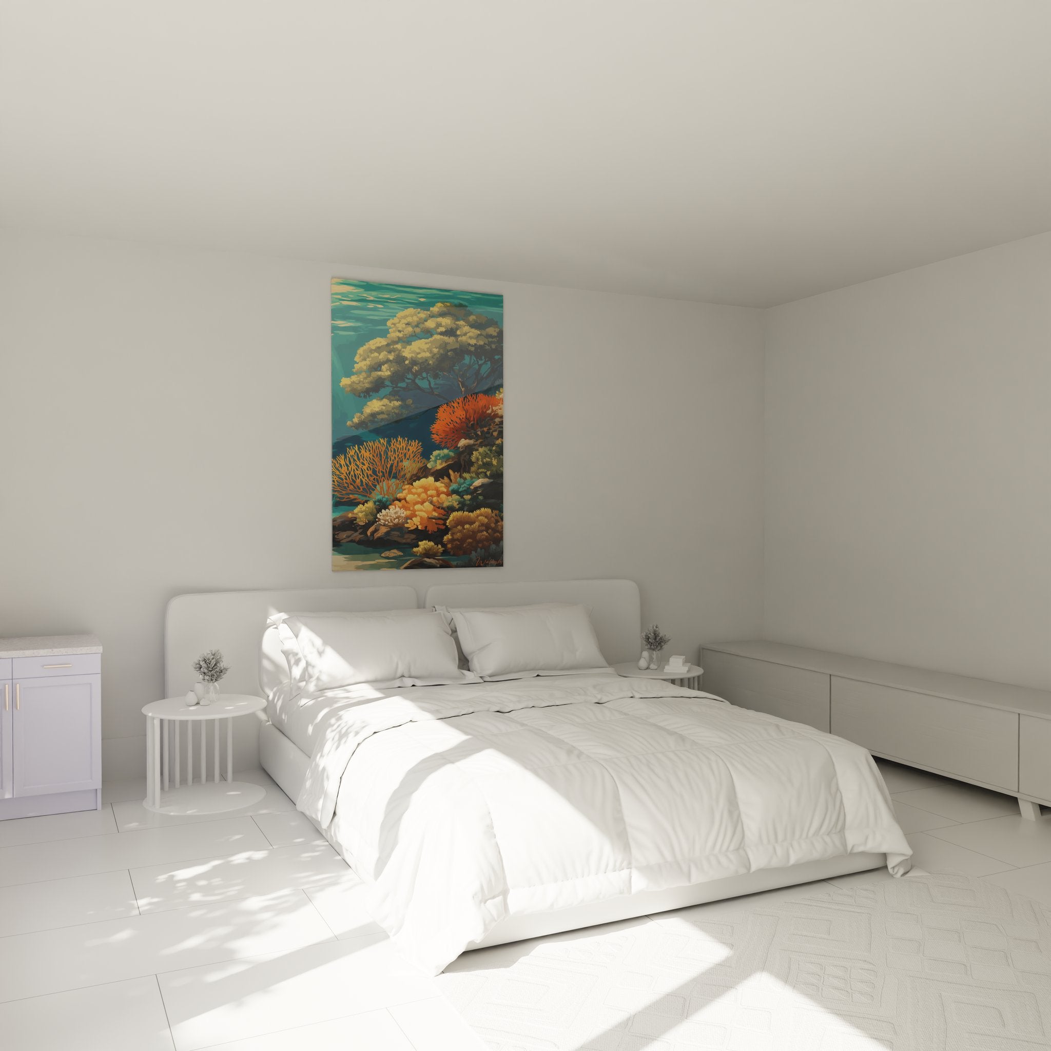 Ambiance chambre avec tableau mural récif corallien aux coraux colorés - décoration marine