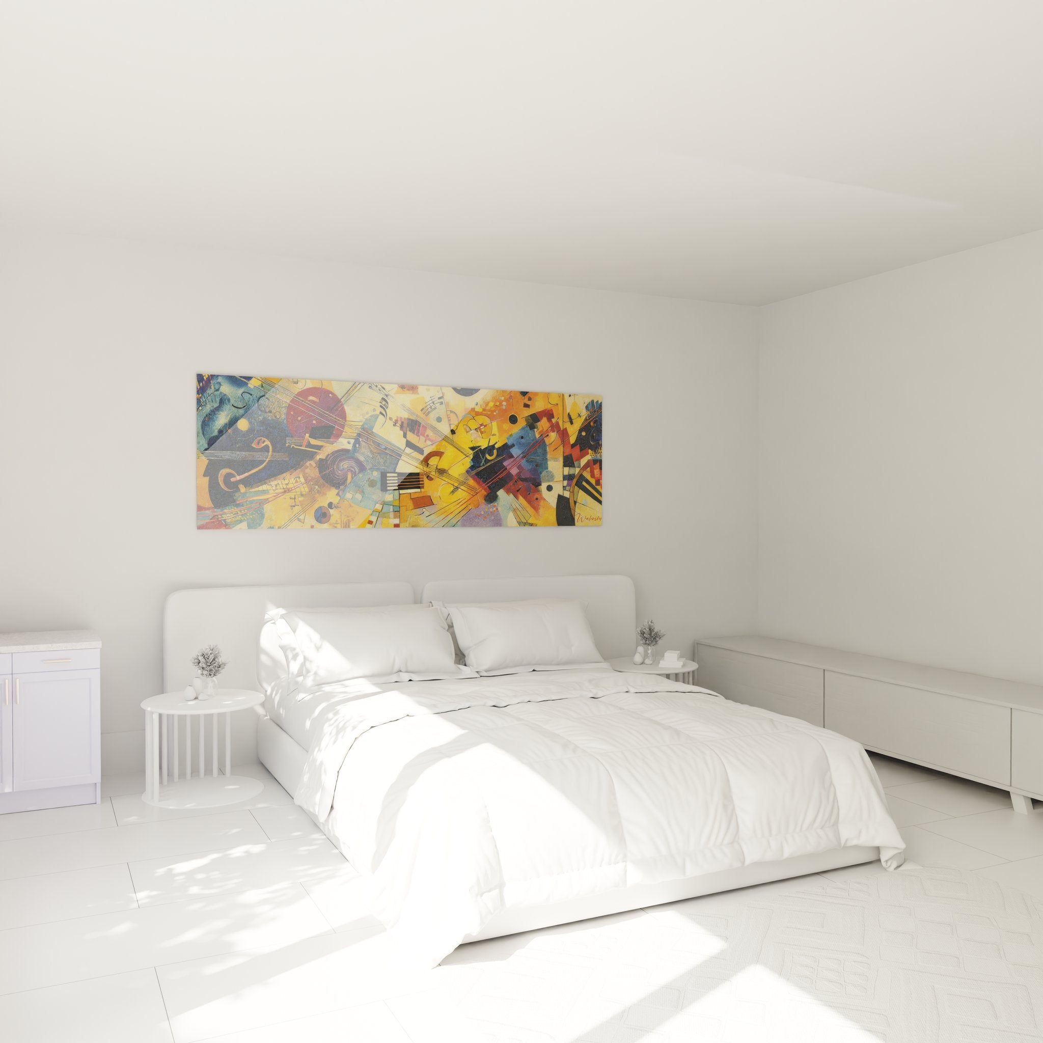 Ambiance chambre avec tableau composition musicale abstraite géométrique aux tons chauds et froids